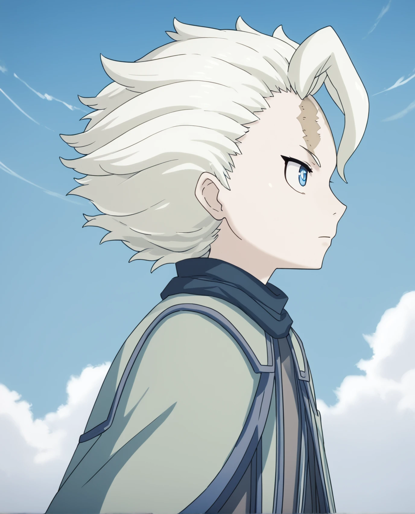 <lora:Belaf_Made_in_Abyss:1>, white hair, blue eyes, belaf, face scar, upper body, side view, sky, score_9