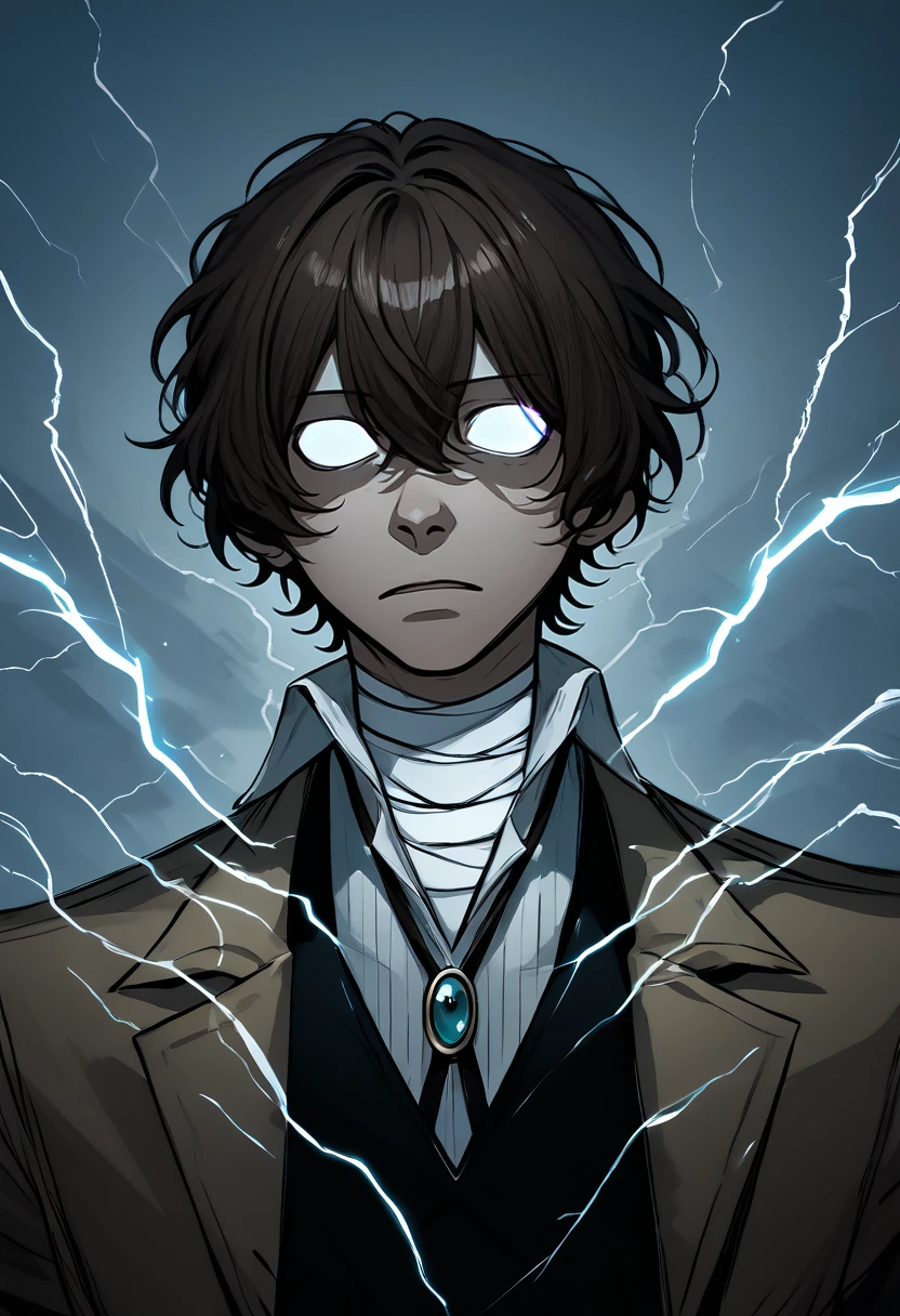 score_9, score_8_up, score_7_up, source_anime, upper body, solo, male focus, 1boy, dazai osamu, IncrsLowTier, glowing eyes, no eyes, electricity, looking at viewer, brown coat, open coat, black vest, white shirt, collared shirt, bolo tie, bandages, bandaged neck <lora:bsd_osamudazai_ponyXL:1> <lora:KYS_XLPD:1>