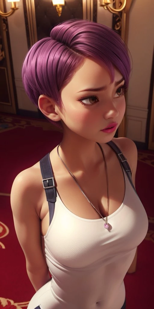 Hyperrealistic, photorealistic, super detailed, pixie-cut purple hair, expressive light brown eyes, body like in real life, large pores, slender, beautiful arms, unreal engine, octane render, droped shadow, bokeh, cinematic lighting, Strong fuchsia lipstick, Light brown eyes, Dark-skinned, <lora:add_detail:0.5>, <lora:Volumetric_lighting:0.6>, Light brown eyes, Pixie-cut purple hair, Rolling, Penny, , <lora:bd6cac7b-47eb-46fc-94e7-13fab41043a1:0.7>