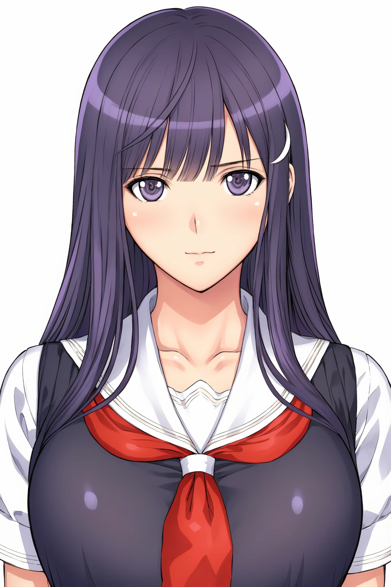 Simple Background,(White_Background:1.1),
dynamic pose,standing at attention,
red neckerchief, sailor collar, school uniform, serafuku, short sleeves, puffy sleeves, 
black shirt with white collar,
<lora:Maya_Kamiwazumi_Fault-KK77-V1:0.7>,
purple eyes, purple hair,bangs,Long hair,hair ornament, 
<lora:more_details:0.1>,<lora:NovelAI_YesMix5_KKStyle-KK77-Yes5-V1:0.3>,<lora:Oda_Non_Style2-KK77-Yes5-V1:0.3>,
1 girl, 20yo,Young female,Beautiful long legs,Beautiful body,
Beautiful Nose,Beautiful character design, perfect eyes, perfect face,expressive eyes,perfect balance,
looking at viewer,(Focus on her face),closed mouth, (innocent_big_eyes:1.0),(Light_Smile:0.3),
official art,extremely detailed CG unity 8k wallpaper, perfect lighting,Colorful, Bright_Front_face_Lighting,White skin,
(masterpiece:1.0),(best_quality:1.0), ultra high res,4K,ultra-detailed,
photography, 8K, HDR, highres, absurdres:1.2, Kodak portra 400, film grain, blurry background, bokeh:1.2, lens flare, (vibrant_color:1.2),professional photograph,
(Beautiful,large_Breasts:1.4), (beautiful_face:1.5),(narrow_waist),