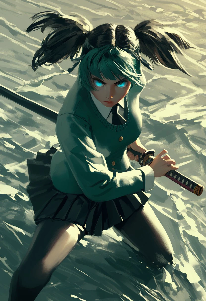 1girl,medium breasts, school uniform,
weapon, holding sword, battoujutsu, battoujutsu stance, ready to draw, sheathed, unsheathing, scabbard, fighting stance, 
from above, fisheye lens, looking down, water eye, workplace, closed mouth,
masterpiece, best quality, very aesthetic, absurdres