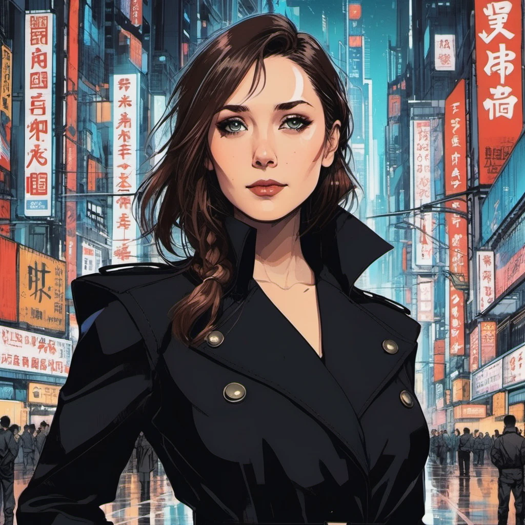 ((90s Anime style illustrattion)) drawing of a closeup on face of woman wearing a long black trench-coat,futuristic city in the background, akira, 2D, elxolsn,  <lora:eliolsen_2012_juggerX_xl_1_wocap-elxolsn-000120:1.05>