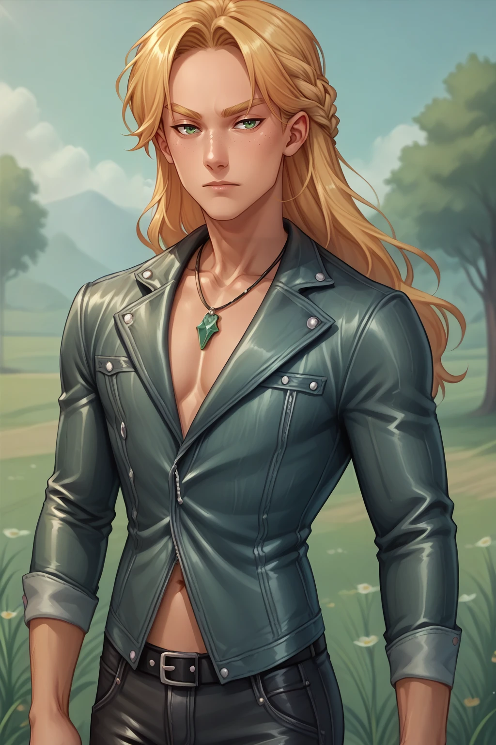 score_9, score_8_up, solo, 1boy, male focus, <lora:NSGustPortia:1> NSGustPortia, long hair, blonde hair, braid, green eyes, freckles, leather jacket, necklace, leather pants, outdoors