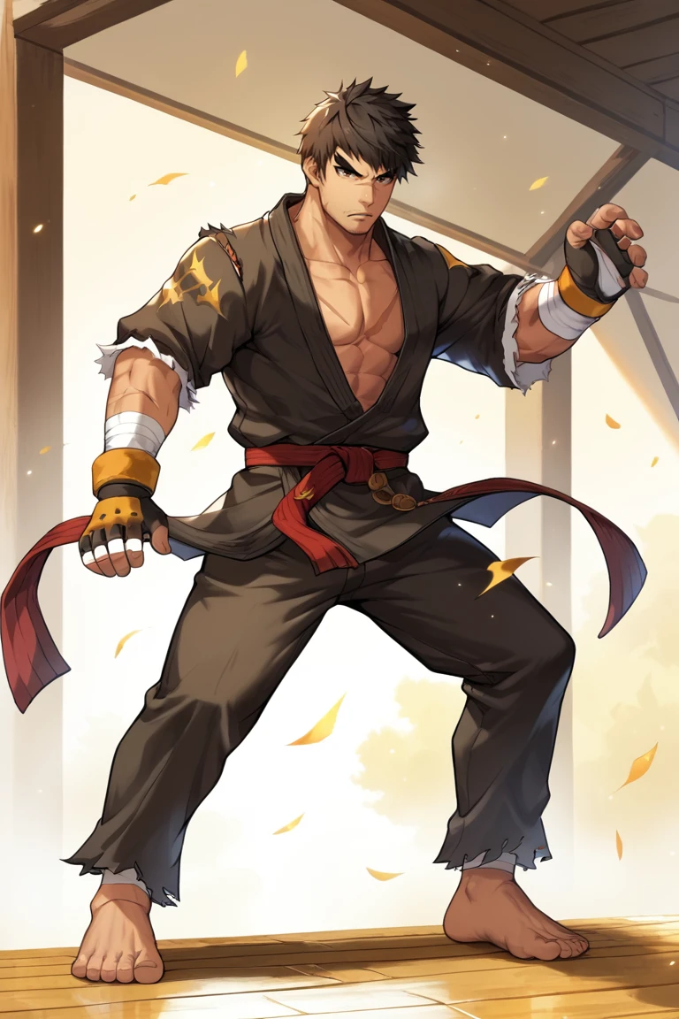 score_9, score_8_up, score_7_up, score_6_up, source_game \(Dungeon Fighter Online\), perfect anatomy, perfect proportions, best quality, masterpiece, high-resolution, high quality, aesthetic, absurdres, (male focus), solo male, BERGrappler, male Grappler \(Dungeon Fighter Online\), black hair, short hair, brown eyes, thick eyebrows, forked eyebrows, stubble, scars on face, scar on nose, scar on cheek, scar on chest, pectoral cleavage, black dougi \(martial arts clothes\), black pants, torn clothes, red martial arts belt, yellow/black fingerless gloves, two-tone fingerless gloves, barefoot, white wrist bandage, white foot bandage, adult, mature, masculine, manly, handsome, charming, alluring, standing, upper body, dutch angle, cowboy shot, toned male, serious, fighting stance<lora:EMS-442684-EMS:0.800000>