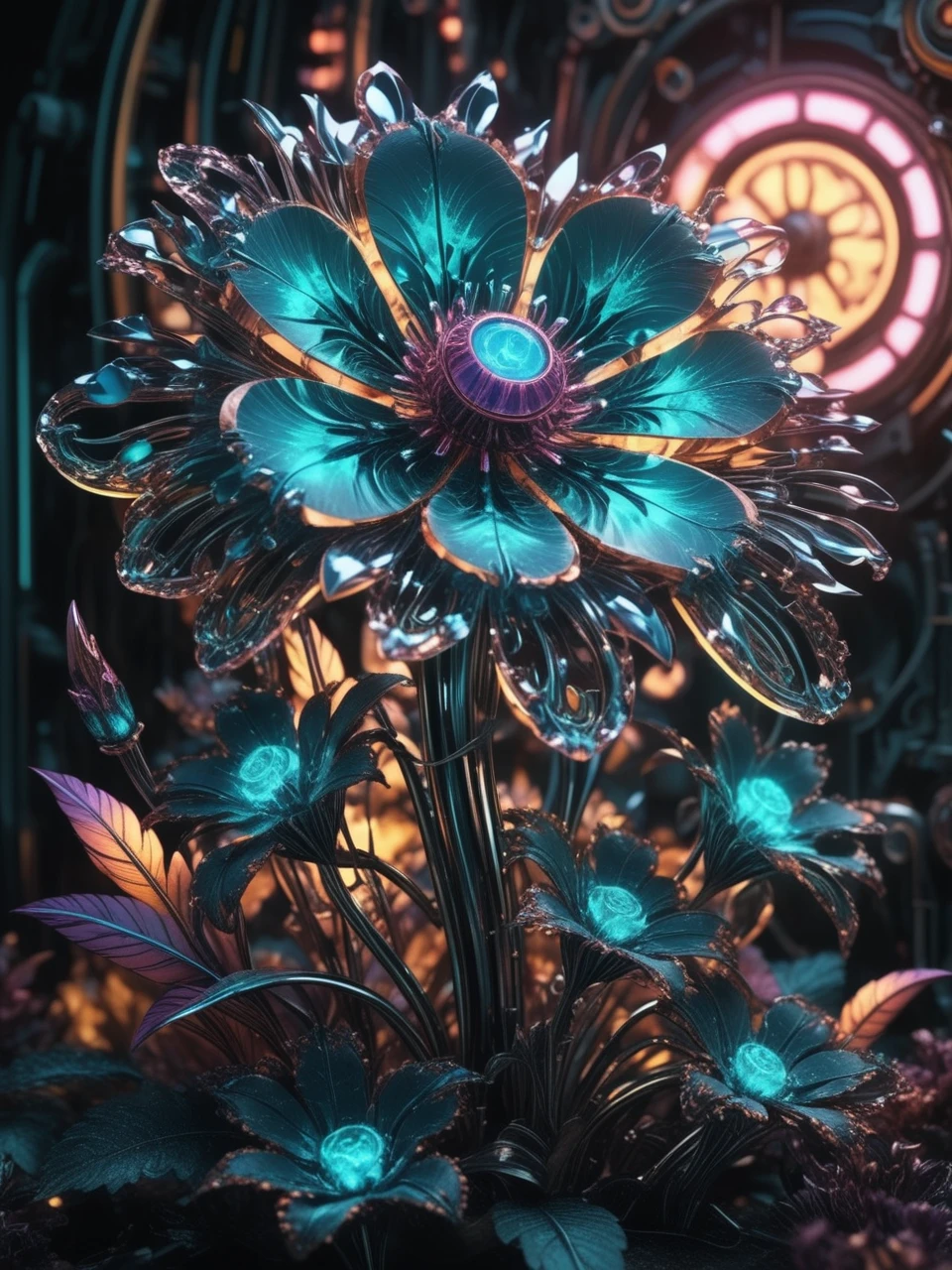 most beautiful cybernetic crystal flowers glowing, artistic fragile, epic gloomy, scenic lighting, biomechanical cyberpunk style, merge of flowers and clockwork, complementary colors, 35mm photography, detailed shading, fractal art, by Ana Paula Hoppe