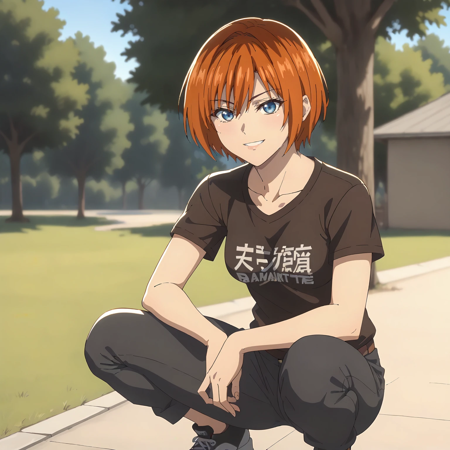 <lora:IBtSWTFF_LiliAdamantineXLpony001>,
looking at viewer,smile,
solo,
LiliAdamantine,1girl,orange hair,short hair,blue eyes,
shirt,pants,
outdoors,
squatting,