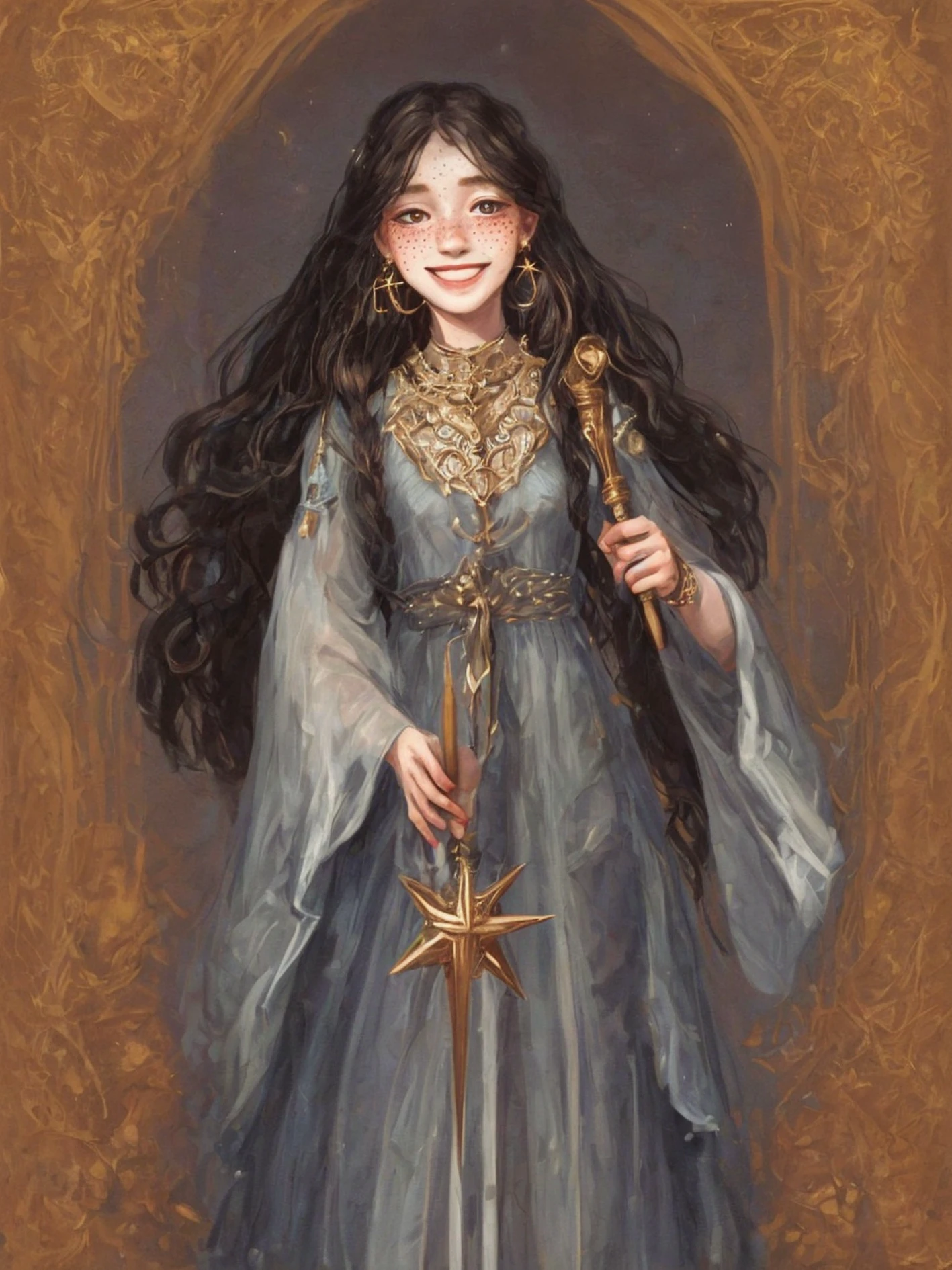 1girl, freckles, solo, long hair, jewelry, earrings, holding, wand, smile, dress