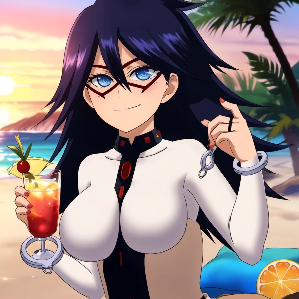 anime artwork 1girl, black long hair, domino mask, breasts, garter straps, bodysuit, blue eyes, handcuffs, having a cocktail on the beach, sunset  <lora:Midnight1024:0.8> . anime style, key visual, vibrant, studio anime,  highly detailed