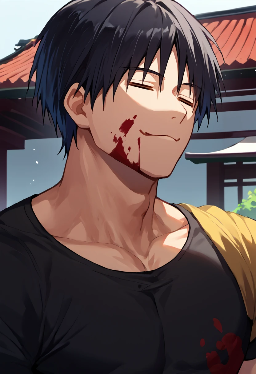 score_9, score_8_up, score_7_up, source_anime, upper body, solo, male focus, 1boy, jjkt0ji, muscular male, blood on face, =w=, :3, = =, eyes closed, standing, black hair, black shirt, short sleeves, outdoors, east asian architecture <lora:jjk_tojifushiguro_ponyXL:1> <lora:ChamElfExpressionPonyXL:1.3>