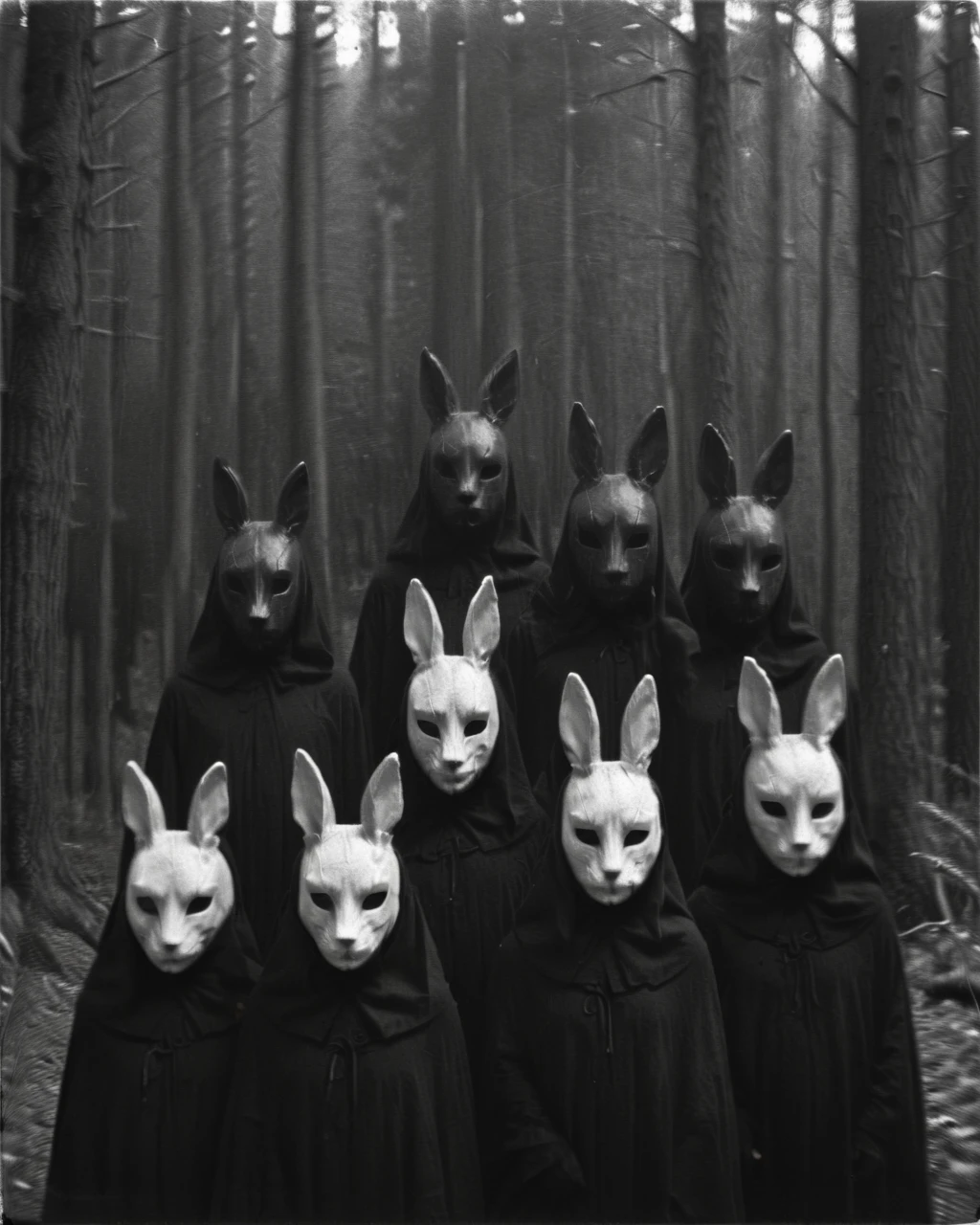 <lora:Old_Photo_Style:0.8> sinister, eerie, 01dPh0t0, black and white photo, dark, shadow, distorted, grainy, film grain, Victorian, cultists, hooded, eerie, forest, rabbit head masks