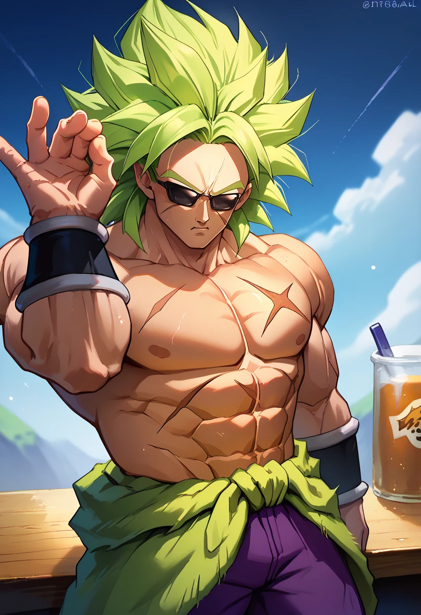 score_9, score_8_up, score_7_up, brolyLSS, super saiyan, green hair, spiked hair, no pupils, blank eyes, abs, muscular, muscular male, alternate muscle size, topless male, scar on face, scar on chest, pectorals, clothes around waist, purple pants, <lora:BrolyDBSuper_pdxl_Incrs_v1:1>, <lora:SaltBaeMeme_XLPD_CAME:1> SaltBaeMeme, salt, sunglasses, table,