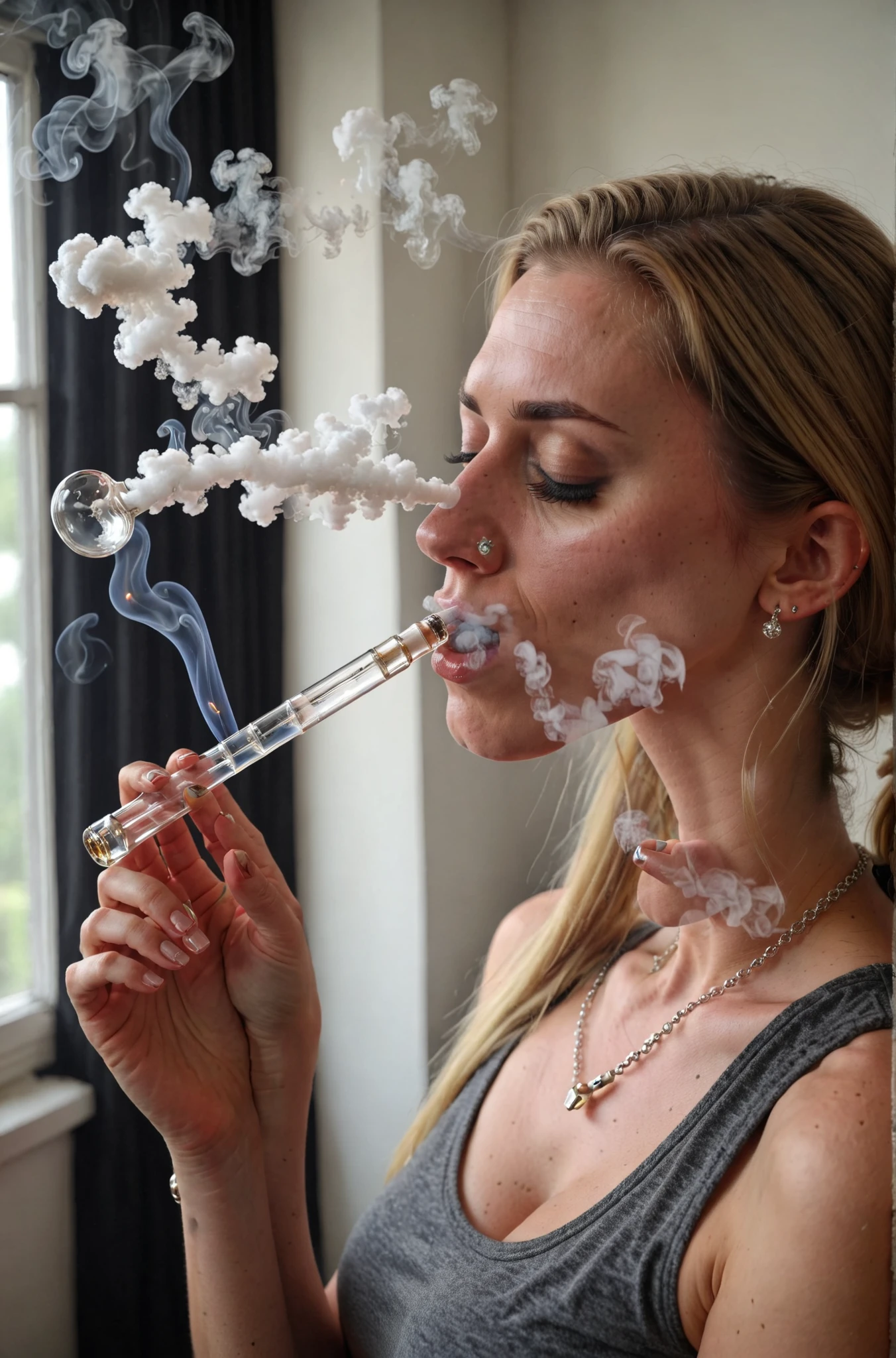 a girl smoking out of a glass meth pipe, blowing clouds of smoke, best quality, smoking crystal meth