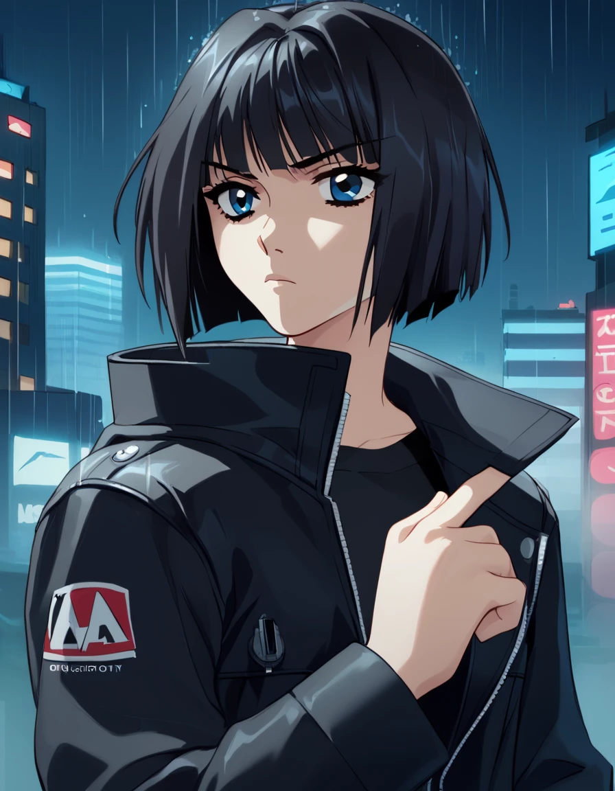 score_9, score_8_up, score_7_up, (aya kadoi), 1girl, black jacket, serious, black hair, bobcut, blue eyes, sci-fi city, night, rain,   <lora:1_xl_aya_kadoi_25e:1>