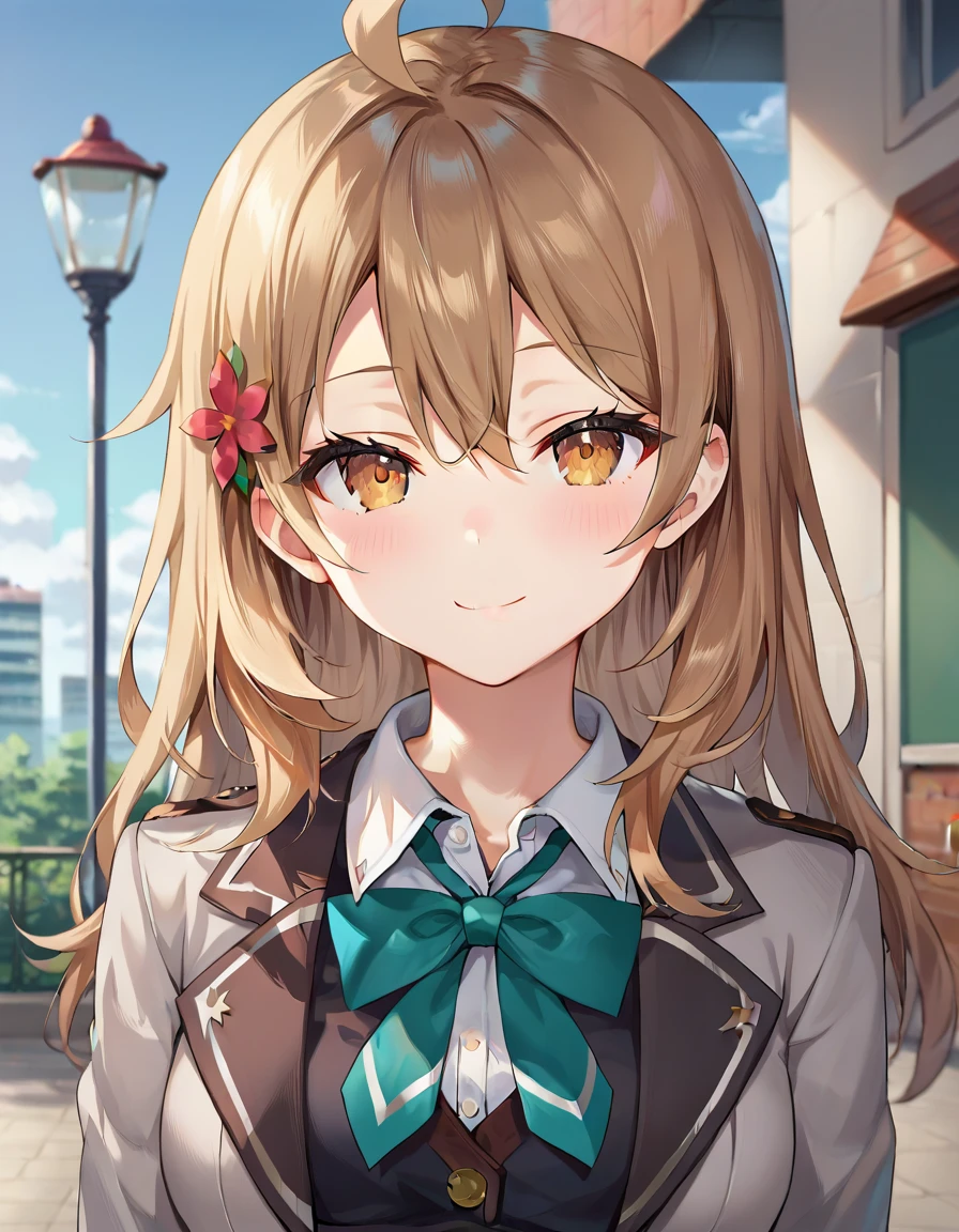 score_9,score_8_up,score_7_up,score_6_up BREAK official art,solo,outdoors,upper body,(portrait:1.5),looking at viewer,facing viewer,smile,Mariya Mikhailovna Kujou,ahoge,long hair,brown hair,hair ornament,hair flower,sidelocks,hair between eyes,parted bangs,brown eyes,school uniform,grey jacket,cropped jacket,open clothes,open jacket,wing collar,green bowtie,black dress,pleated dress,collared shirt,white shirt,medium breasts,skindentation,long sleeves,zettai ryouiki,black thighhighs,black footwear,loafers,<lora:Mariya Mikhailovna Kujou(tsrdta)-Pony:1.1>,<lora:Smooth Anime Style LoRA XL:0.8>,