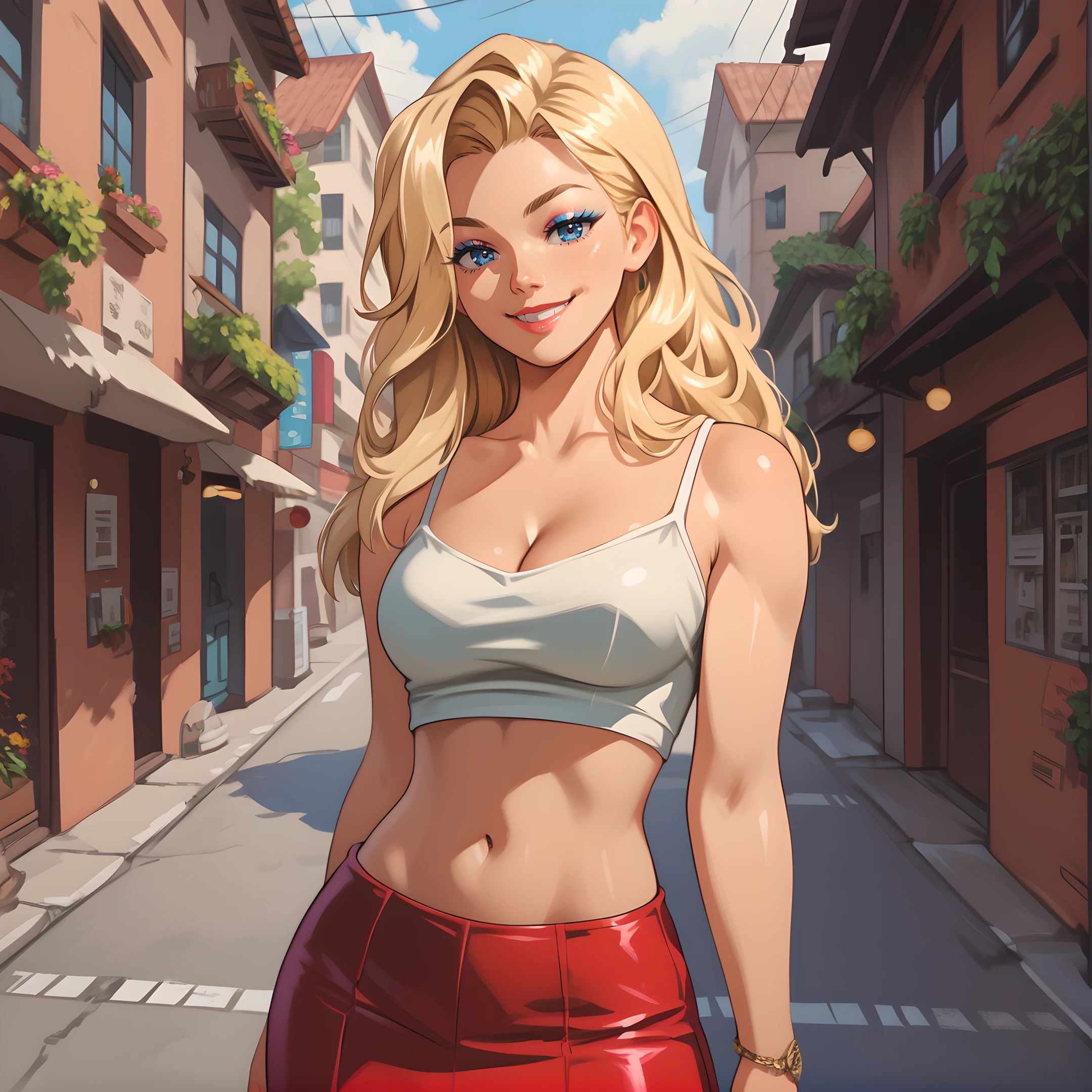 1girl, solo, nanni, blonde hair, long hair, makeup, cleavage, crop top, eyeshadow, navel, smile, looking at viewer,red skirt, blue eyes, <lora:Nanni_-_Sucker_For_Love:0.8>
BREAK
level_9, level_8_up, level_7_up, level_6_up, level_5_up, source_cartoon, masterpiece