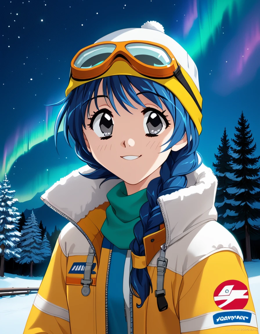 score_9, score_8_up, score_7_up, (aya kadoi), 1girl, ski goggles, goggles on head, ski cap, ski coat, scarf, blue hair, braid, grey eyes,  trees, slope, night, stars, aurora, looking up, smile, awe, amazement and wonder   <lora:1_xl_aya_kadoi_25e:1>