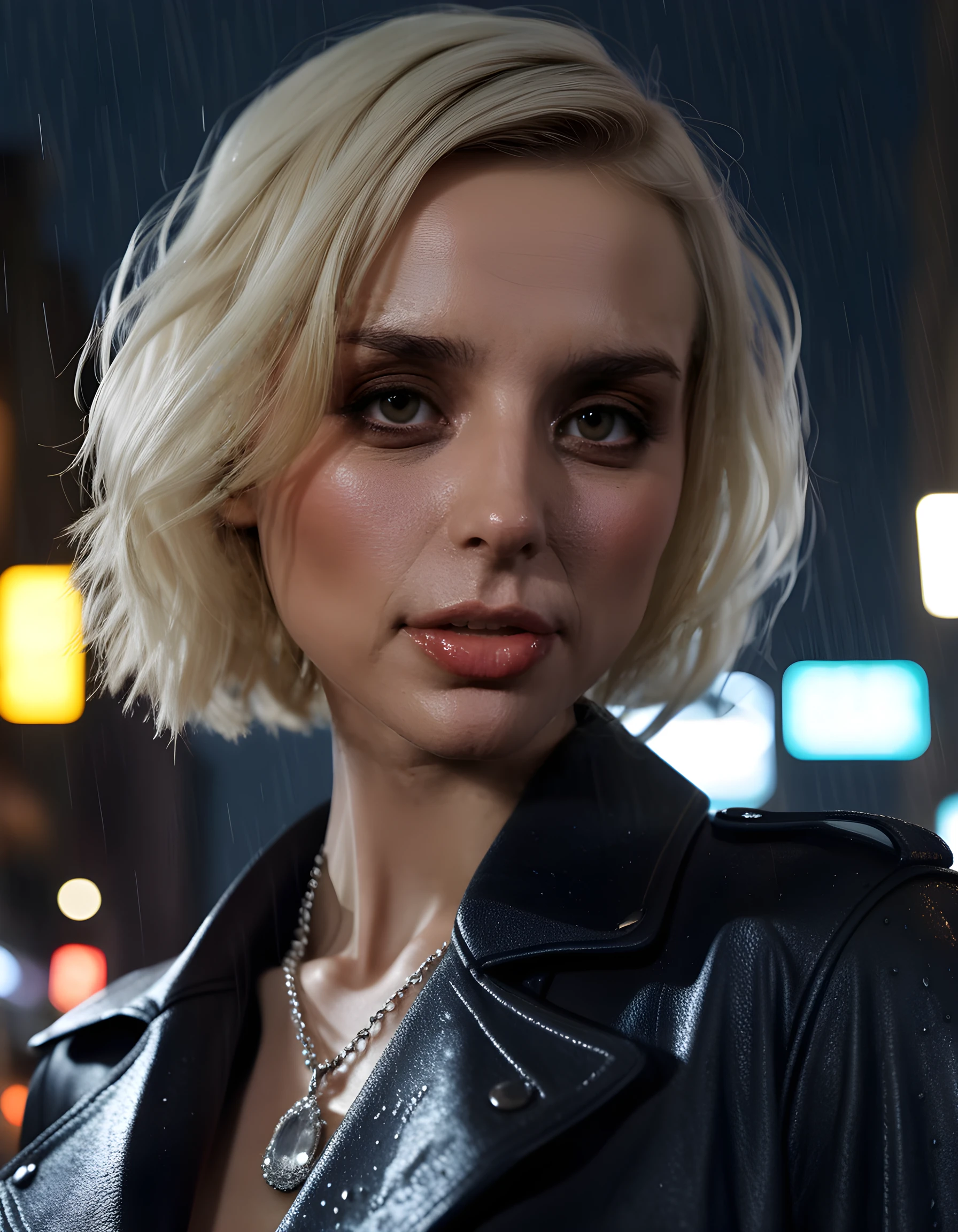 In a gritty, neo-noir style, a close-up image of ER1K4R, a woman with short, platinum blonde hair, is captured from a low angle, her intense eyes smoldering with determination and mystery. Dressed in a unique outfit that blends high-fashion denim with intricate jewelry, she stands against the backdrop of a rain-soaked cityscape, her lips curled into a knowing smile as she clutches a silver necklace adorned with a glowing gemstone, the soft glow of streetlights casting dramatic shadows that accentuate the rough texture of the city and the polished elegance of her attire. The image exudes a sense of power and resilience amidst the urban chaos, capturing the spirit of a modern-day femme fatale.