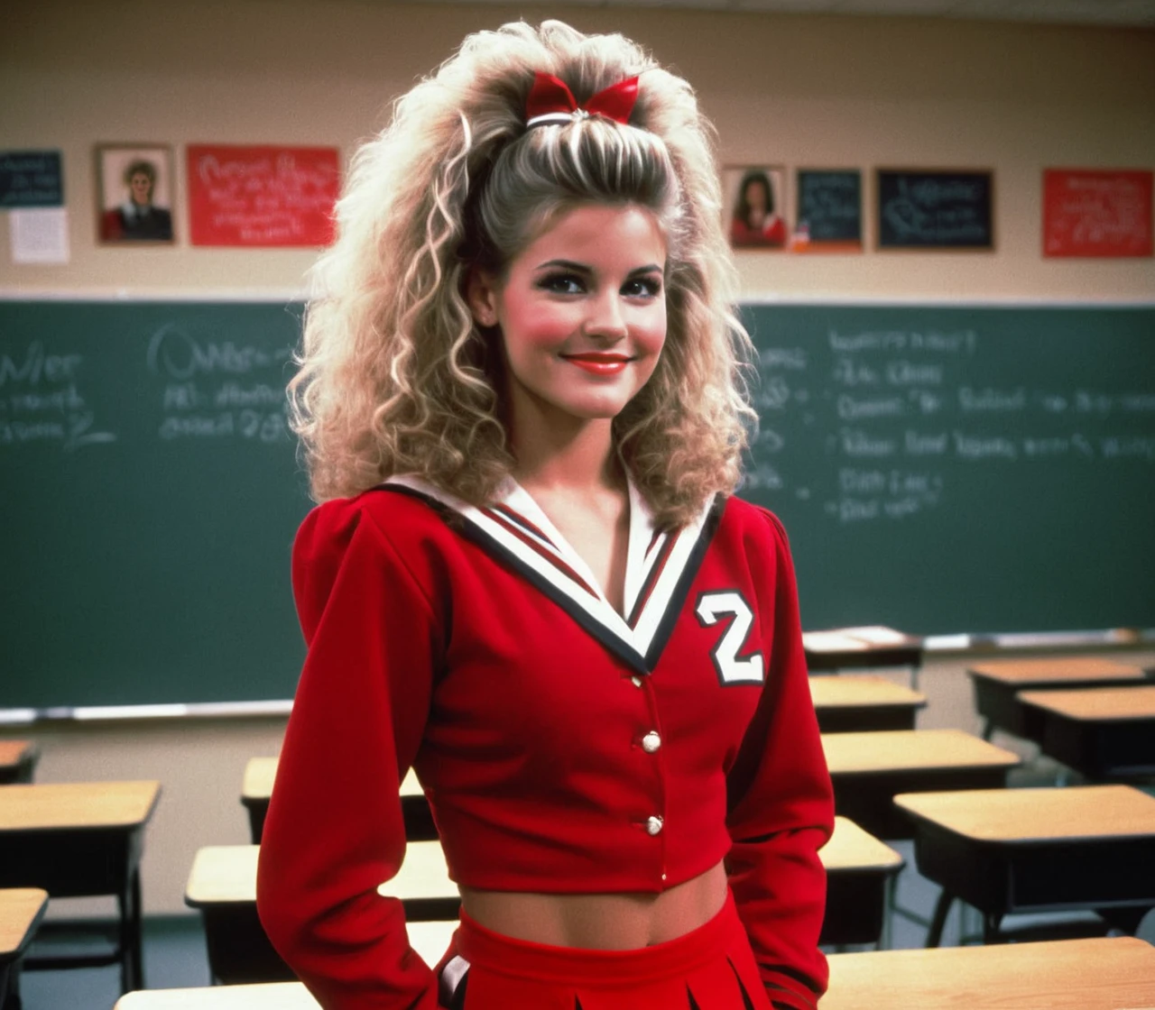 realistic, 1woman, cheerleader, big hair, standing in a sitcom classroom, smirk, looking to the side, chalkboard, red uniform, 35mm film grain, 1990s style,  <lora:Sitcom__Drama_Style:0.75>