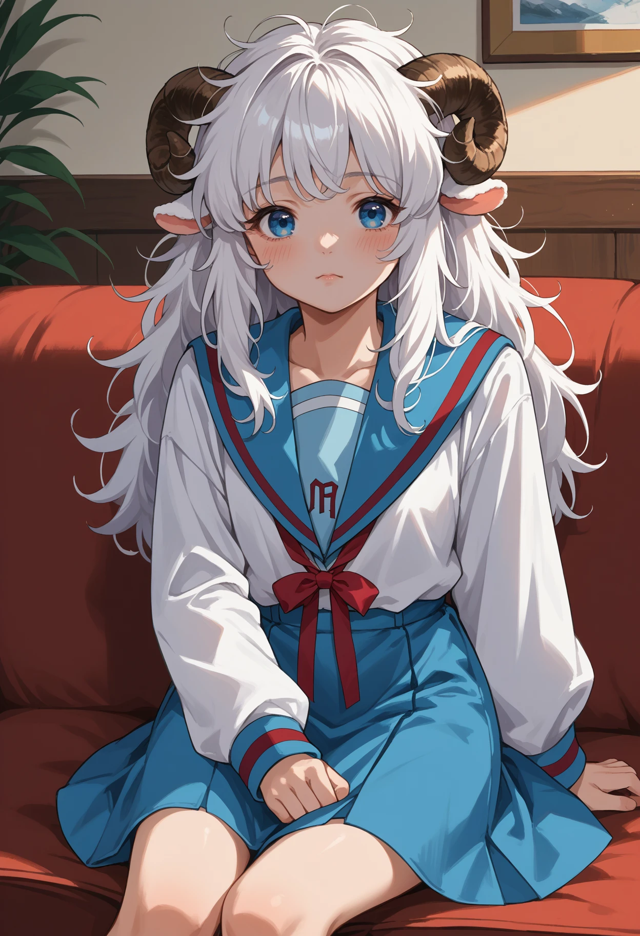 score_9, score_8_up, source_anime, 1girl, solo, KitaHighFemaleWinter, white shirt, blue sailor collar, long sleeves, red ribbon, blue skirt, white hair, blue eyes, long hair, messy hair, sheep girl, sheep horns, pale skin, indoors, sitting, on couch, blush, <lora:ChamKitaHighUniformPonyXL:1>