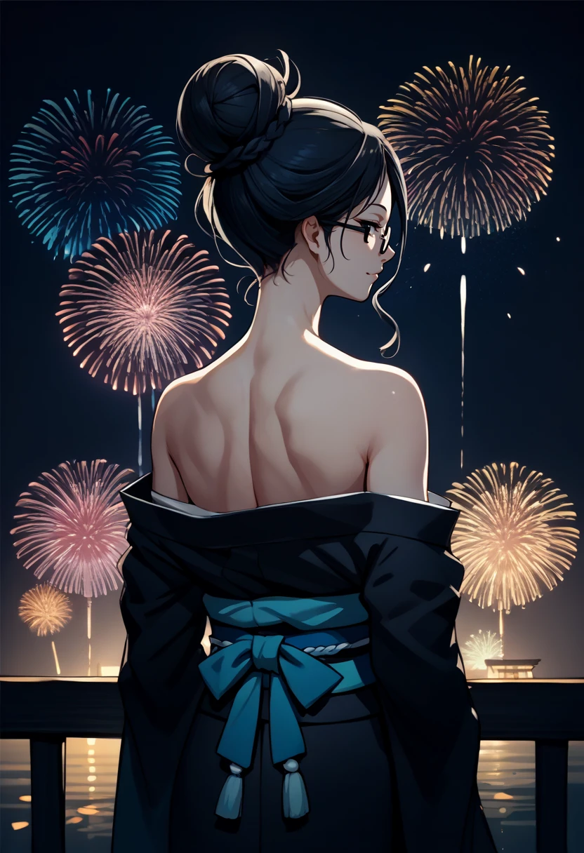 score_9, score_8_up, score_7_up, source_anime, from behind, solo, 1girl, yurialpha, light smile, looking back, single hair bun, black eyes, glasses, japanese clothes, black kimono, off shoulder, blue sash, bare shoulders, fireworks <lora:ol_yurialpha_ponyXL:1>