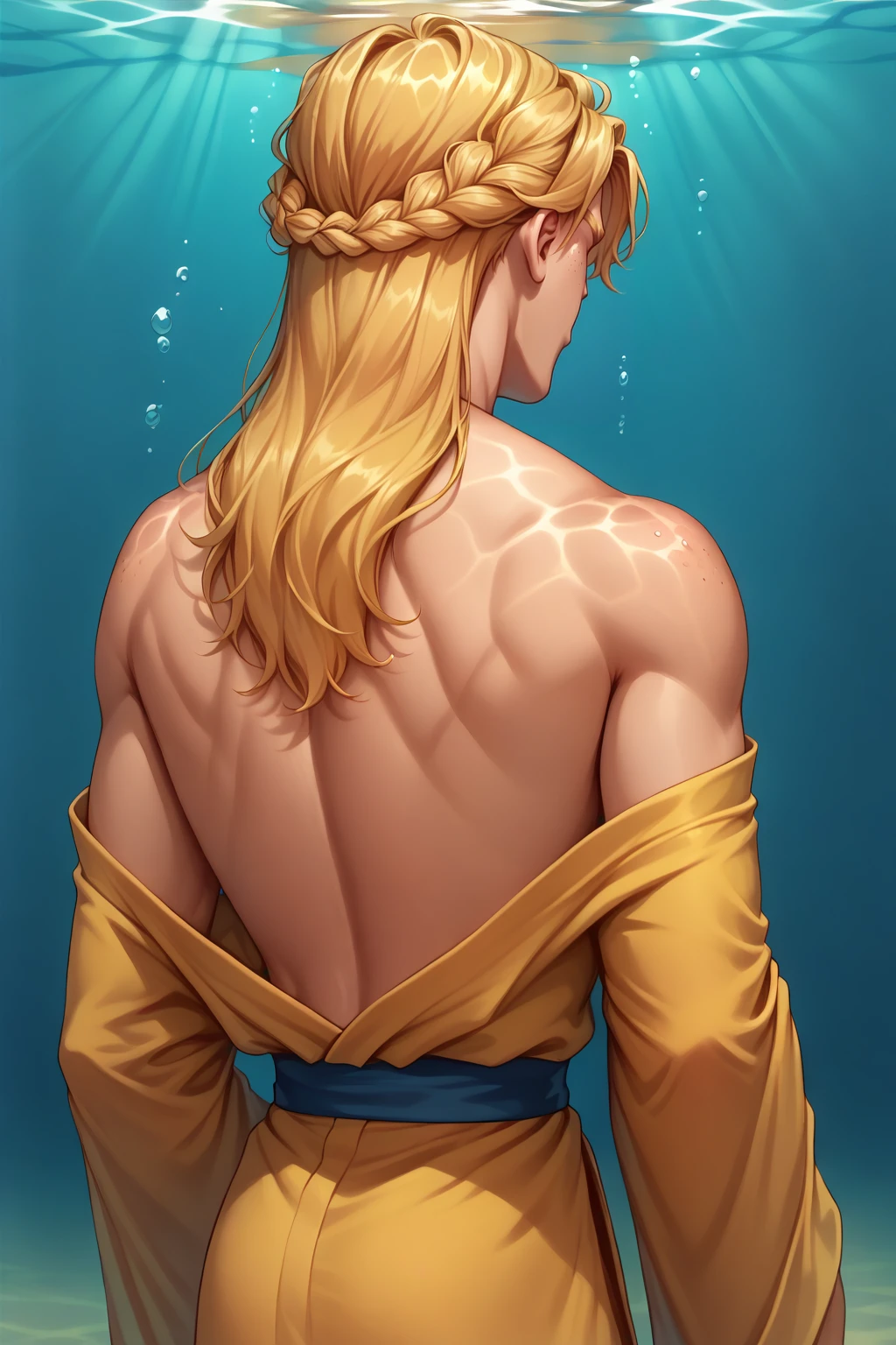 score_9, score_8_up, solo, 1boy, male focus, <lora:NSGustPortia:1> NSGustPortia, long hair, blonde hair, braid, freckles, yellow kimono, bare shoulders, from behind, underwater, outdoors