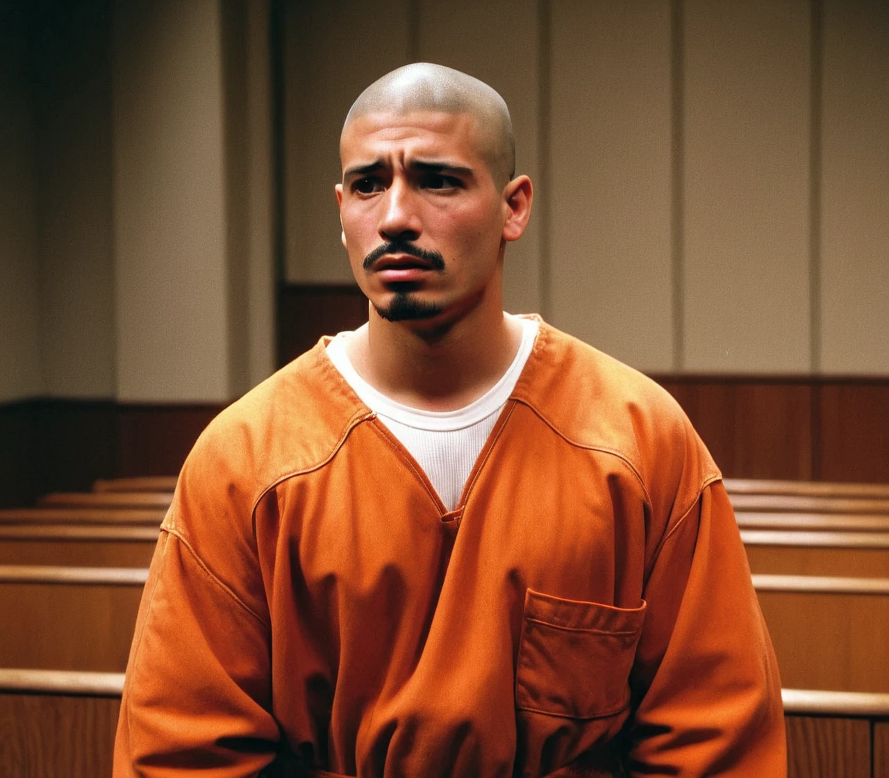 realistic, 1man, Hispanic cholo, standing in a drama courtroom, orange prisoner jumpsuit, crying, looking to the side, talking, shaved head, moustache, overhead light, 35mm film grain, 1990s style, <lora:Sitcom__Drama_Style:0.75>