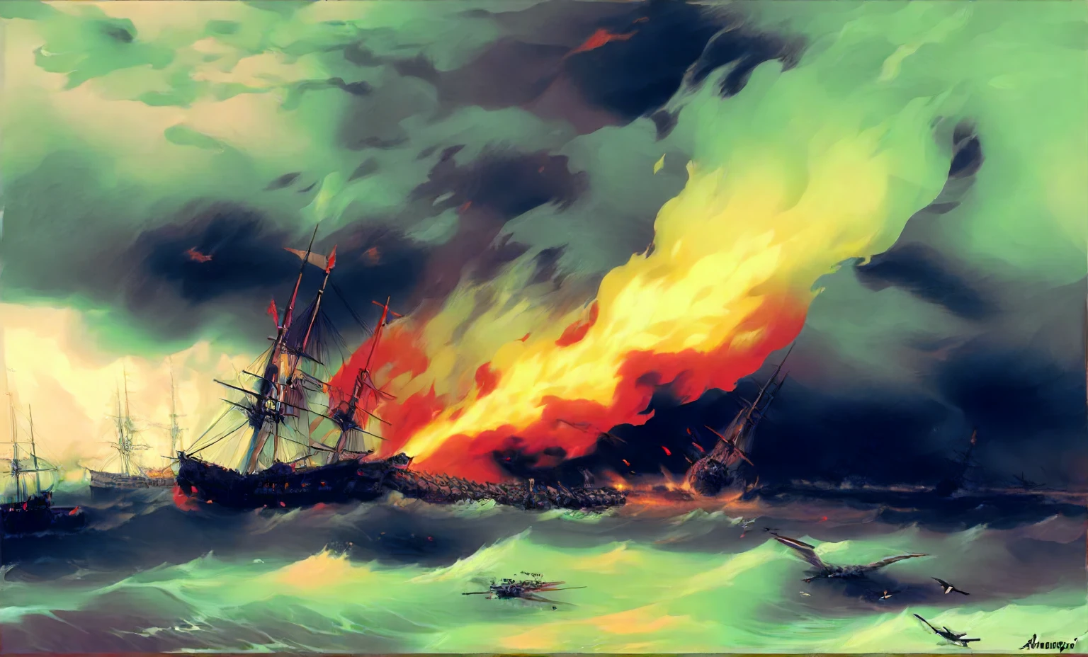 <lora:aivazovsky_pony_v2:1> 'war' by aivazovsky ivan in 1853, battle painting \(genre\), romanticism \(style\), a ship on fire burning flames,storm-and-tempest, seas-and-oceans, score_9, score_8_up, rating_explicit,explicit