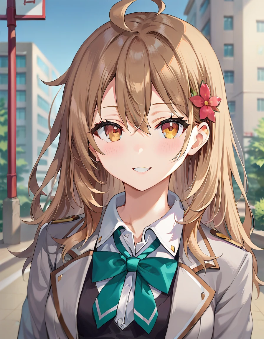 score_9,score_8_up,score_7_up,score_6_up BREAK official art,solo,outdoors,upper body,(portrait:1.5),looking at viewer,facing viewer,smile,Mariya Mikhailovna Kujou,ahoge,long hair,brown hair,hair ornament,hair flower,sidelocks,hair between eyes,parted bangs,brown eyes,school uniform,grey jacket,cropped jacket,open clothes,open jacket,wing collar,green bowtie,black dress,pleated dress,collared shirt,white shirt,medium breasts,skindentation,long sleeves,zettai ryouiki,black thighhighs,black footwear,loafers,<lora:Mariya Mikhailovna Kujou(tsrdta)-Pony:1.1>,<lora:Smooth Anime Style LoRA XL:0.8>,