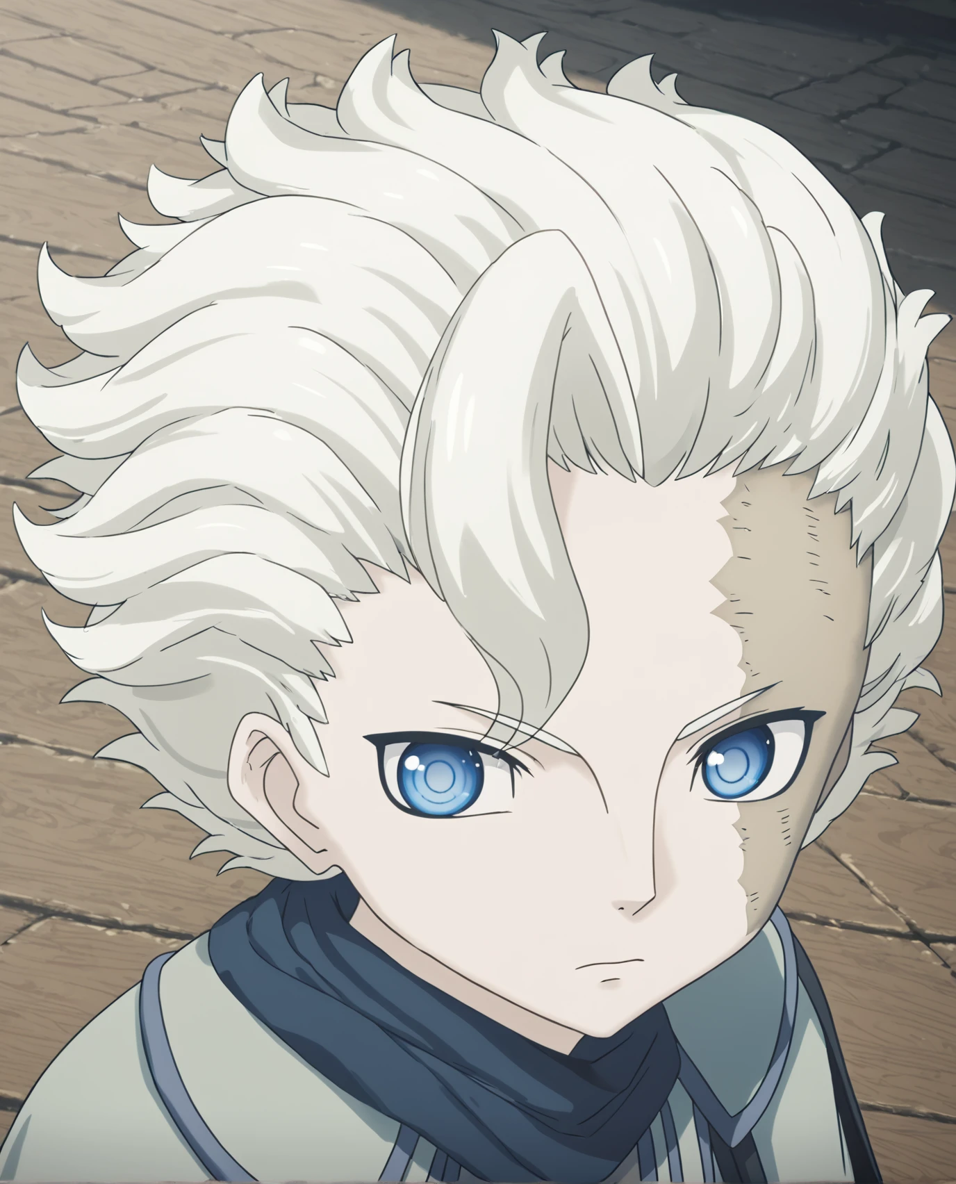 <lora:Belaf_Made_in_Abyss:1>, white hair, blue eyes, belaf, face scar, face, solo, score_9