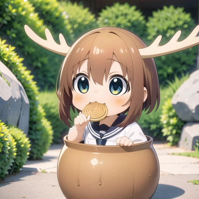 <lora:tsubo-002:1> chibi girl in tsubo pot, eating shika senbei, smug face <lora:Shikanoko_Noko:0.5> shikanoko noko, deer horn, brown short hair, serafuku