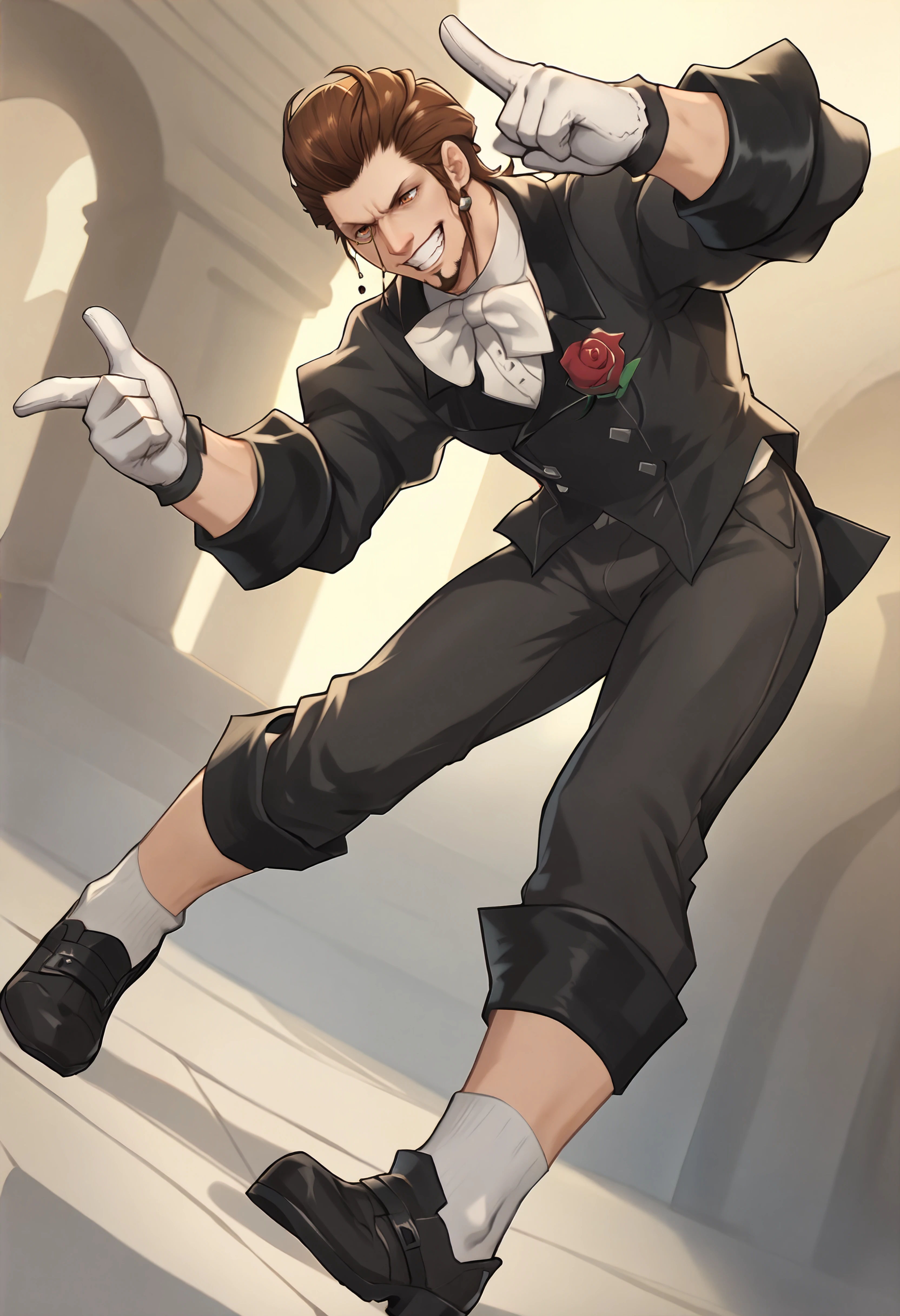 score_9, score_8_up, score_7_up BREAK Hildibrand, male focus, monocle, facial hair, black jacket, white bowtie, rose boutonniere, white gloves, black pants, white socks, black footwear, grin, dutch angle, pointing <lora:clamXIVHildibrand_lycoris:1> <lora:bayeuxman_pd_t2:0.9>