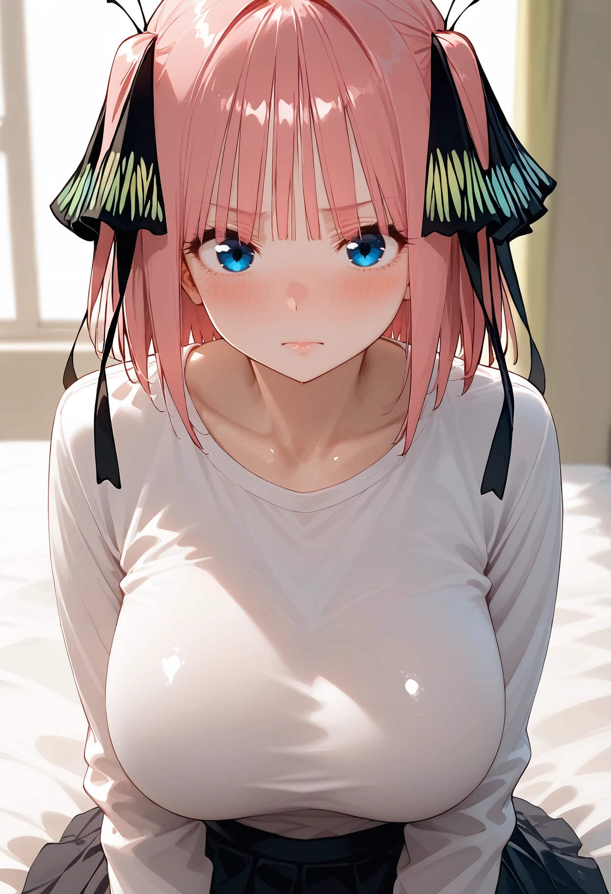 shiny skin, <lora:shiny_nai_pdxl:1> 1girl, nakano nino, butterfly hair ornament, skirt, bangs, hair ornament, blue eyes, blush, breasts, shirt, large breasts, solo, looking at viewer, ribbon, pink hair, white shirt, black ribbon, hair ribbon, closed mouth, long sleeves, blunt bangs, short hair, collarbone