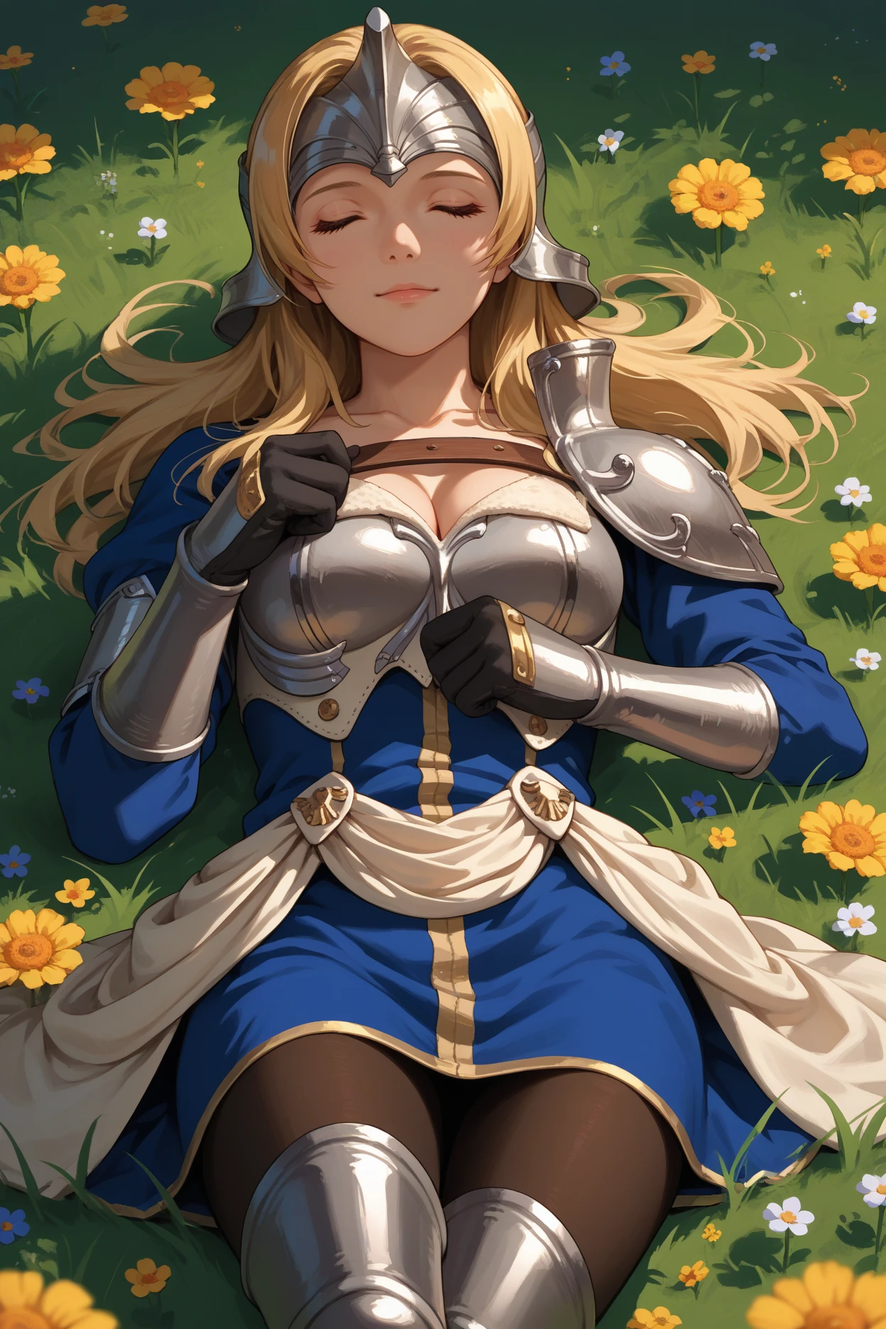 score_9, score_8_up, score_7_up, score_6_up, source_anime, 1girl, solo, <lora:femathilda-pdxl-nvwls-v1-000006:1> feMtlda, blonde hair, helmet, armor, cleavage, large breasts, blue dress, black gloves, pantyhose, thigh boots, field, flowers, lying on back, happy, closed eyes, looking at you