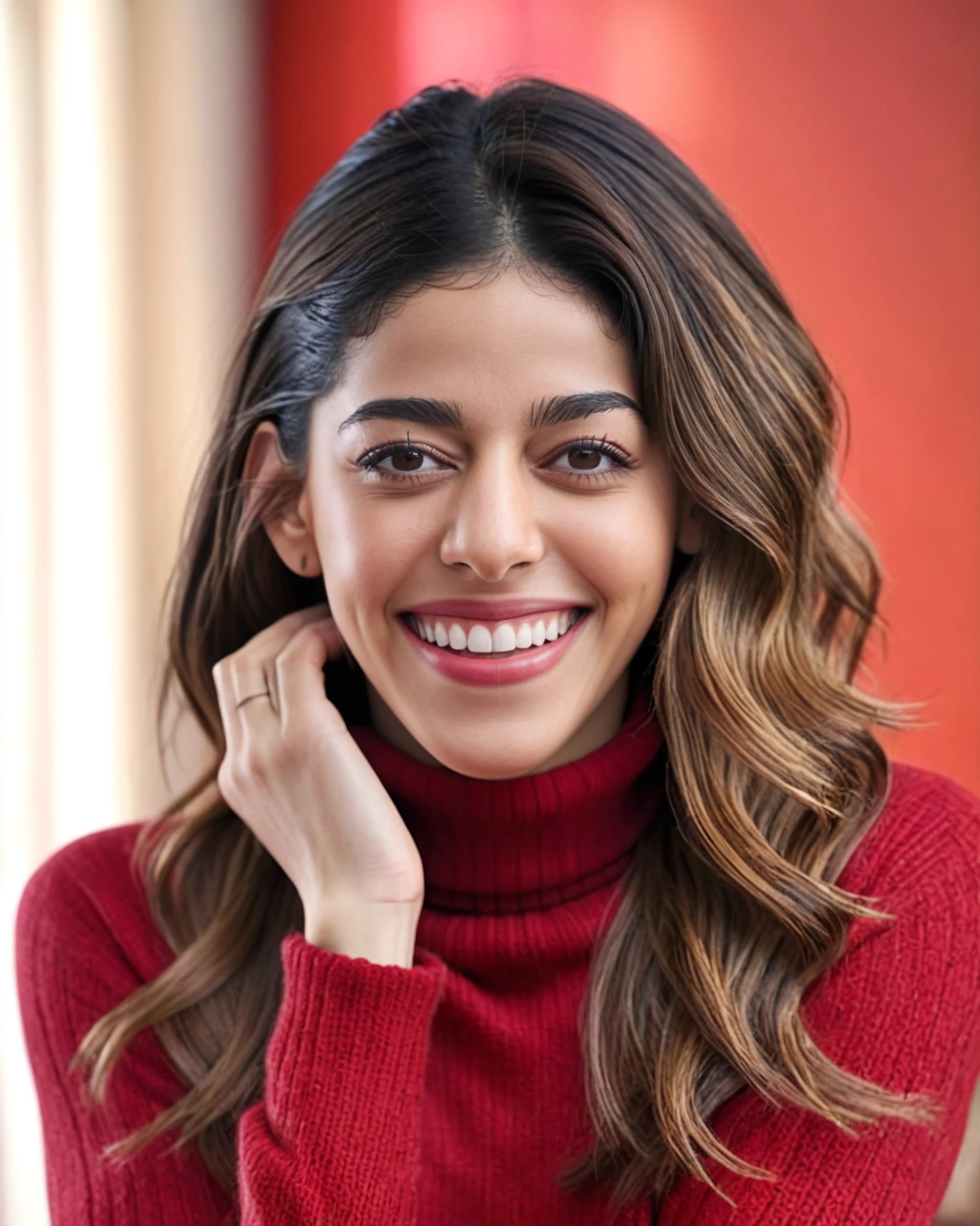 portrait photo of Alaya F woman, solo, tightly tied hair hair cut, laughing, looking at the camera, ethnic Red turtleneck sweater, , contrasting background bokeh,  skindentation,  <lora:Alaya_F_SDXL_LoRA_prodigy_local_xformers_HNE:1>