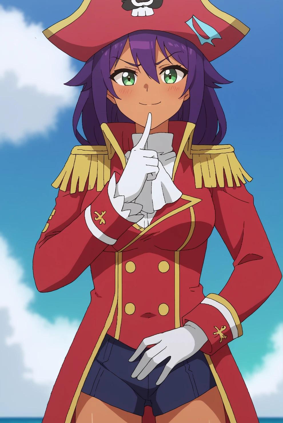 Jahy, preteen, solo, epaulettes, pirate hat, white gloves <lora:Jahy-sama_wa_Kujikenai-Jahy-PDXL:0.8>