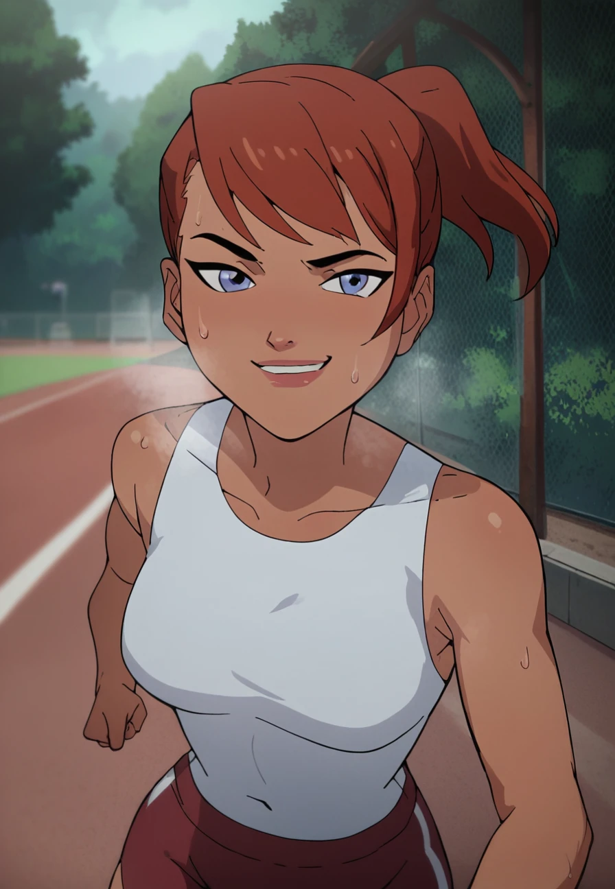 score_9_up, score_8_up, score_7_up, <lora:Batgirl_-_Killing_Joke_PDXL:1>,barbara gordon, ginger hair, ponytail, blue eyes, medium breasts, white sport crop top, red sport shorts, steaming body, sweatdrop, sweat,  running, smug, mouth little open, solo, outdoors, park, day, front view, best quality, high quality