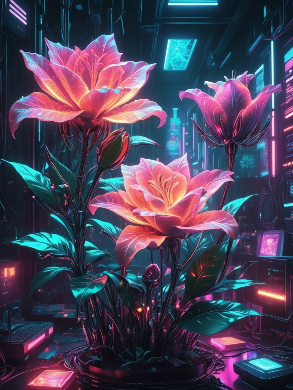 most beautiful cybernetic crystal rose and lily flowers neon glowing, artistic fragile, scenic lighting, fusion of organic and machine aesthetics, merge of flowers and computers, colorful, trending on CGSociety, strong environmental light, fractal art, radiant vibe