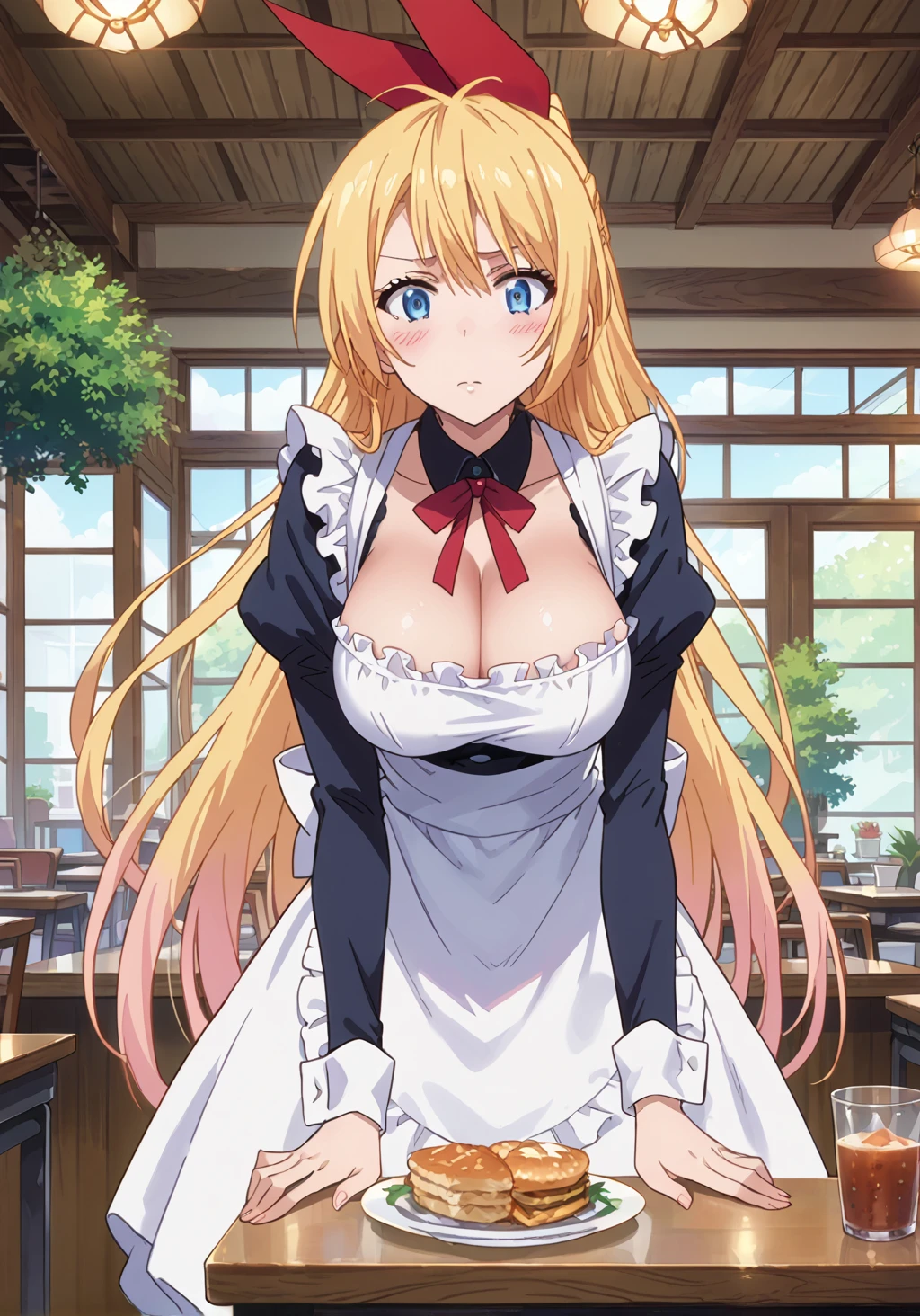 score_9, score_8_up, score_7_up,source_anime, 
solo, large breasts, looking at viewer, 
standing, cafe, maid, indoors, blush, 
<lora:chitoge-pony:1>, chitoge, half up half down, hair ribbon, long hair, anime screencap, anime coloring