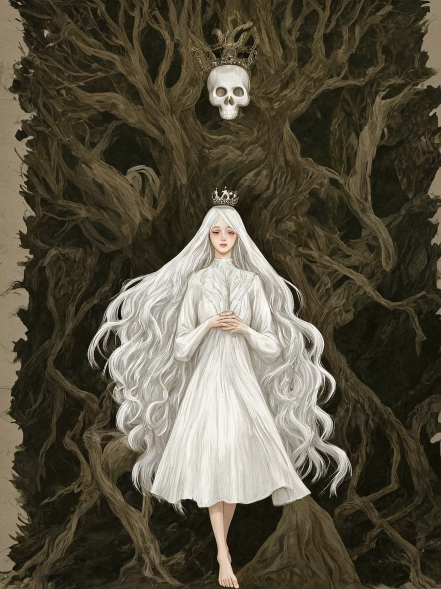 1girl, tree, dress, long hair, white hair, white dress, crown, 1boy, barefoot, skull