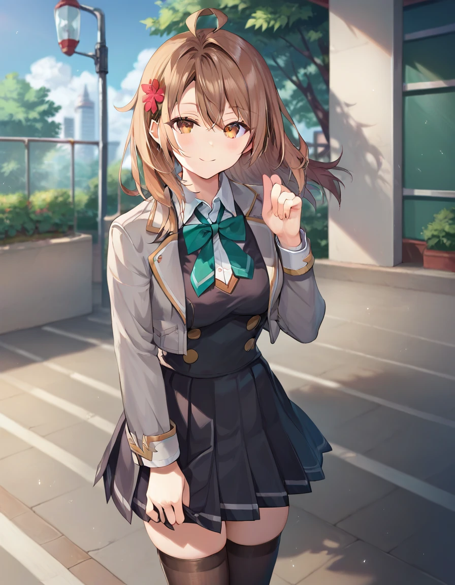 score_9,score_8_up,score_7_up,score_6_up BREAK official art,solo,outdoors,cowboy shot,looking at viewer,facing viewer,smile,Mariya Mikhailovna Kujou,ahoge,long hair,brown hair,hair ornament,hair flower,sidelocks,hair between eyes,parted bangs,brown eyes,school uniform,grey jacket,cropped jacket,open clothes,open jacket,wing collar,green bowtie,black dress,pleated dress,collared shirt,white shirt,medium breasts,skindentation,long sleeves,zettai ryouiki,black thighhighs,black footwear,loafers,<lora:Mariya Mikhailovna Kujou(tsrdta)-Pony:1.2>,<lora:Smooth Anime Style LoRA XL:0.8>,