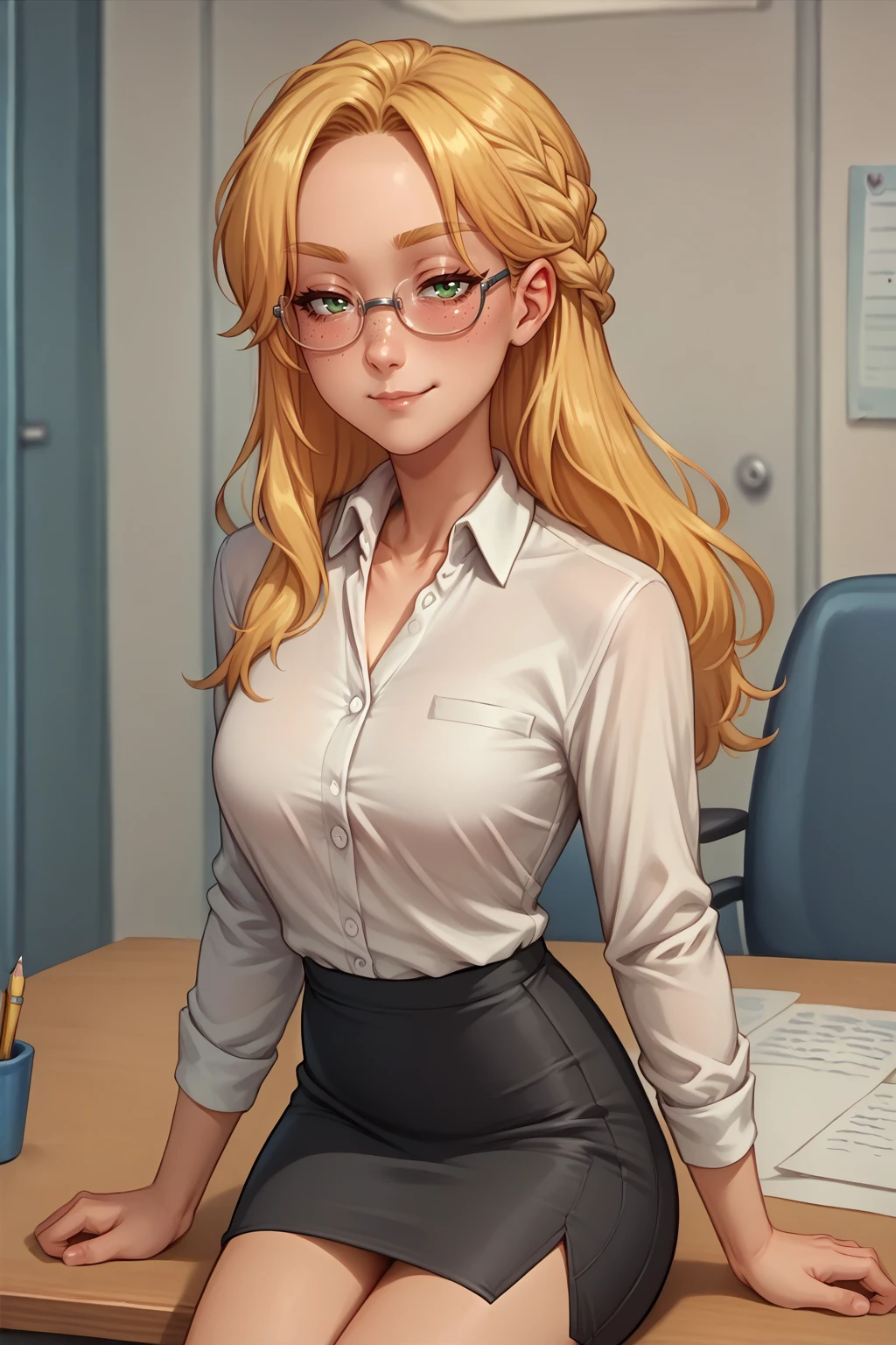 score_9, score_8_up, solo, 1girl, <lora:NSGustPortia:1> NSGustPortia, long hair, blonde hair, braid, green eyes, freckles, office, indoors, pencil skirt, sitting on table, white collared shirt, black skirt, smiling, sleepy, blush, glasses