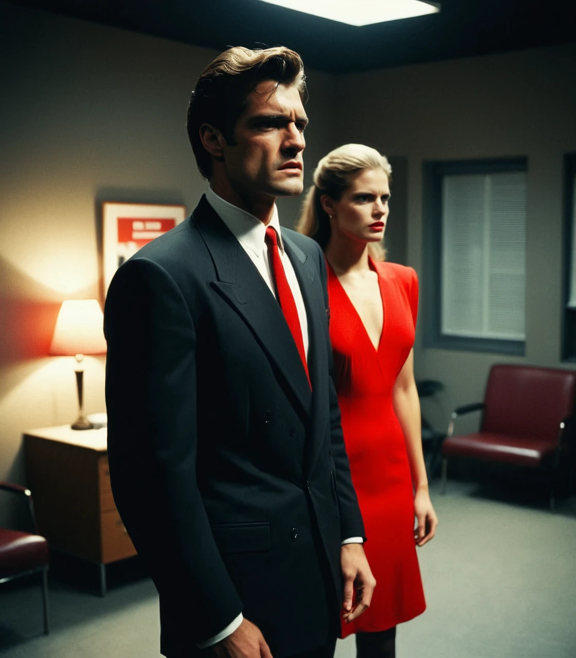 realistic, 1man wearing a black suit,
woman wearing a red dress,
angry, standing in a drama office, night, 35mm film grain, 1980s style, <lora:Sitcom__Drama_Style:0.75>