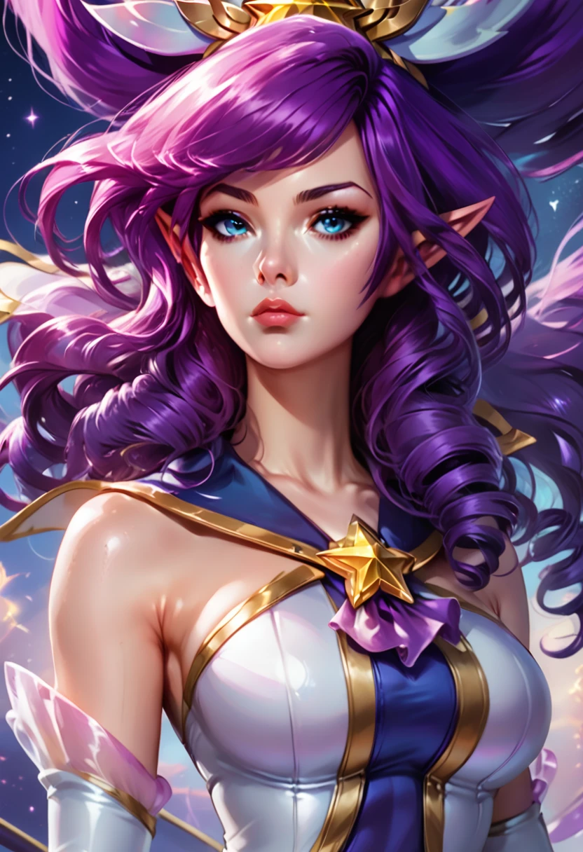 score_9, (upper body:1.8), drill hair, looking at viewer, night, floating hair, thighhighs, pointy ears, sgjanna, lips, blue eyes, bare shoulders, alternate hair color, star guardian \(league of legends\), elbow gloves, star \(symbol\), sailor collar, very long hair, boots, swept bangs, purple skirt, large breasts, breasts, front view, holding staff, ponytail, big ponytail, sky, portrait, bangs, long hair, perfect <lora:Star_Guardian_Janna_PonyXL:0.8>