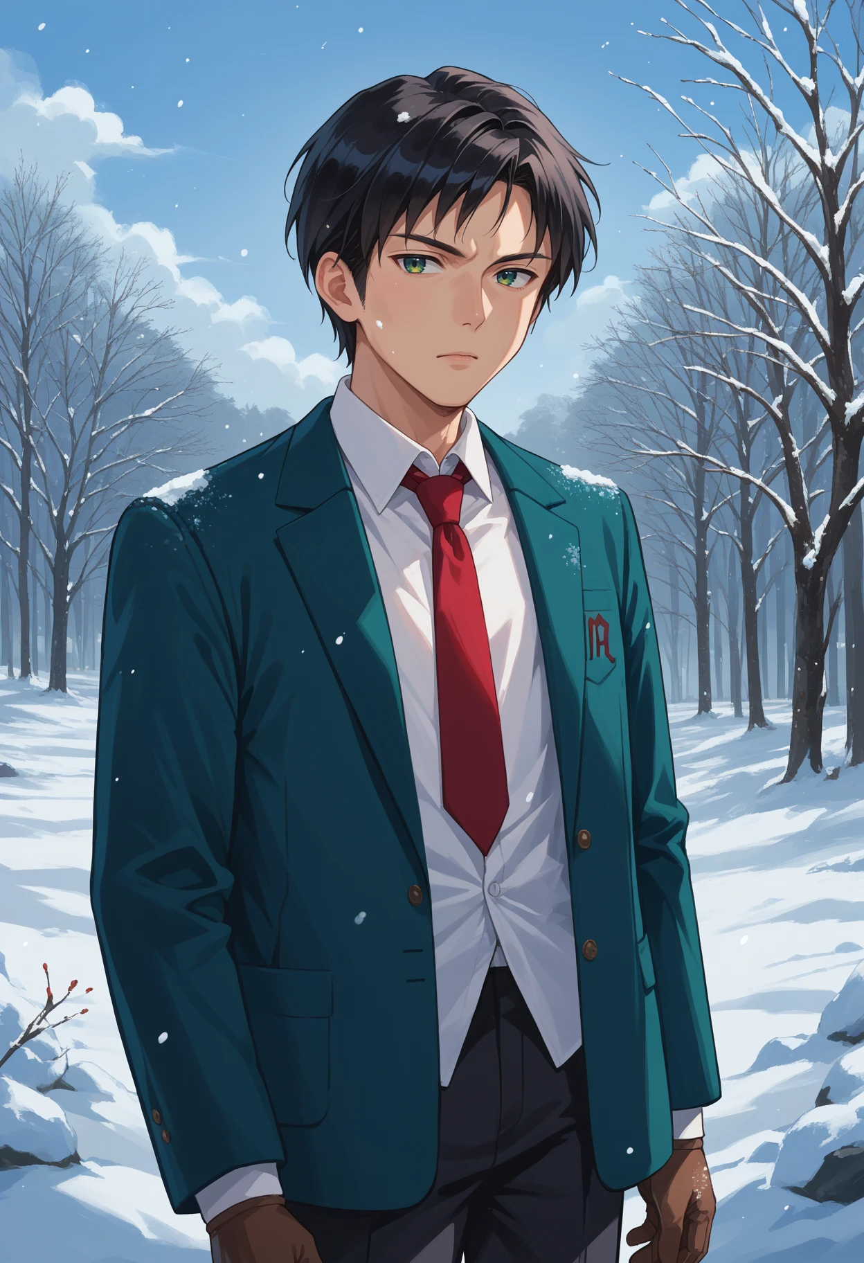 score_9, score_8_up, source_anime, 1boy, solo, KitaHighMaleWinter, green blazer, long sleeves, white collared shirt, red necktie, black pants, black hair, short hair, outdoors, winter, snow, gloves, <lora:ChamKitaHighUniformPonyXL:1>