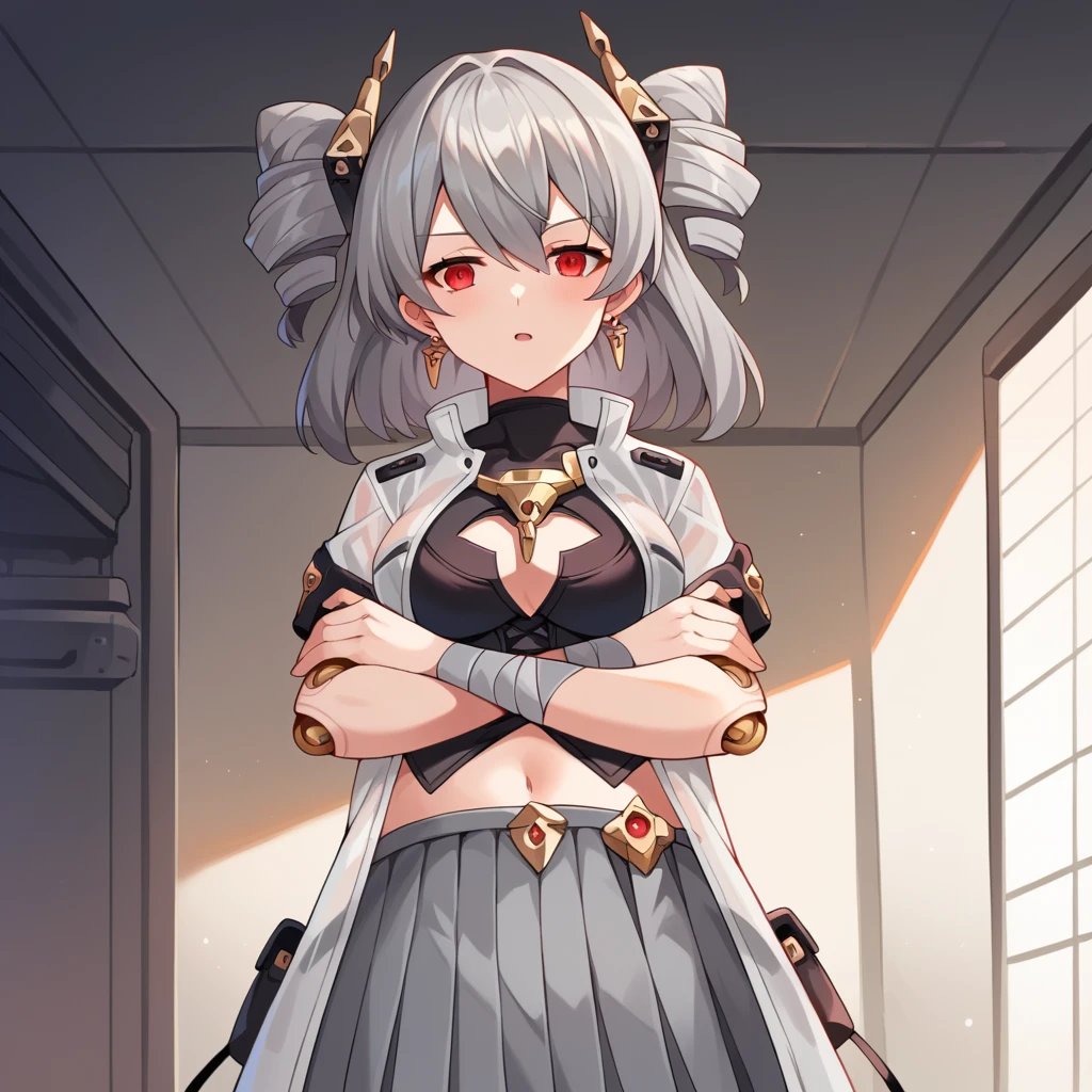 score_9_up, score_8_up, score_7_up, source_anime, masterpiece, best quality, 1girl, solo, Prometheus, Prom_Def, ceiling light, standing, crossed arms, tilted head, emotionless, half opened mouth, looking at you, white footwear, grey hair, twin drills, headgear, grey skirt, robot joints, red eyes, pleated skirt, black corset, midriff, navel, grey coat, see-through coat, center cutout, earrings, jewelry, short sleeves, bandaged arms, pouch, wrist sleeves, mature body, dynamic cowboy shot, indoors, facility laboratory background