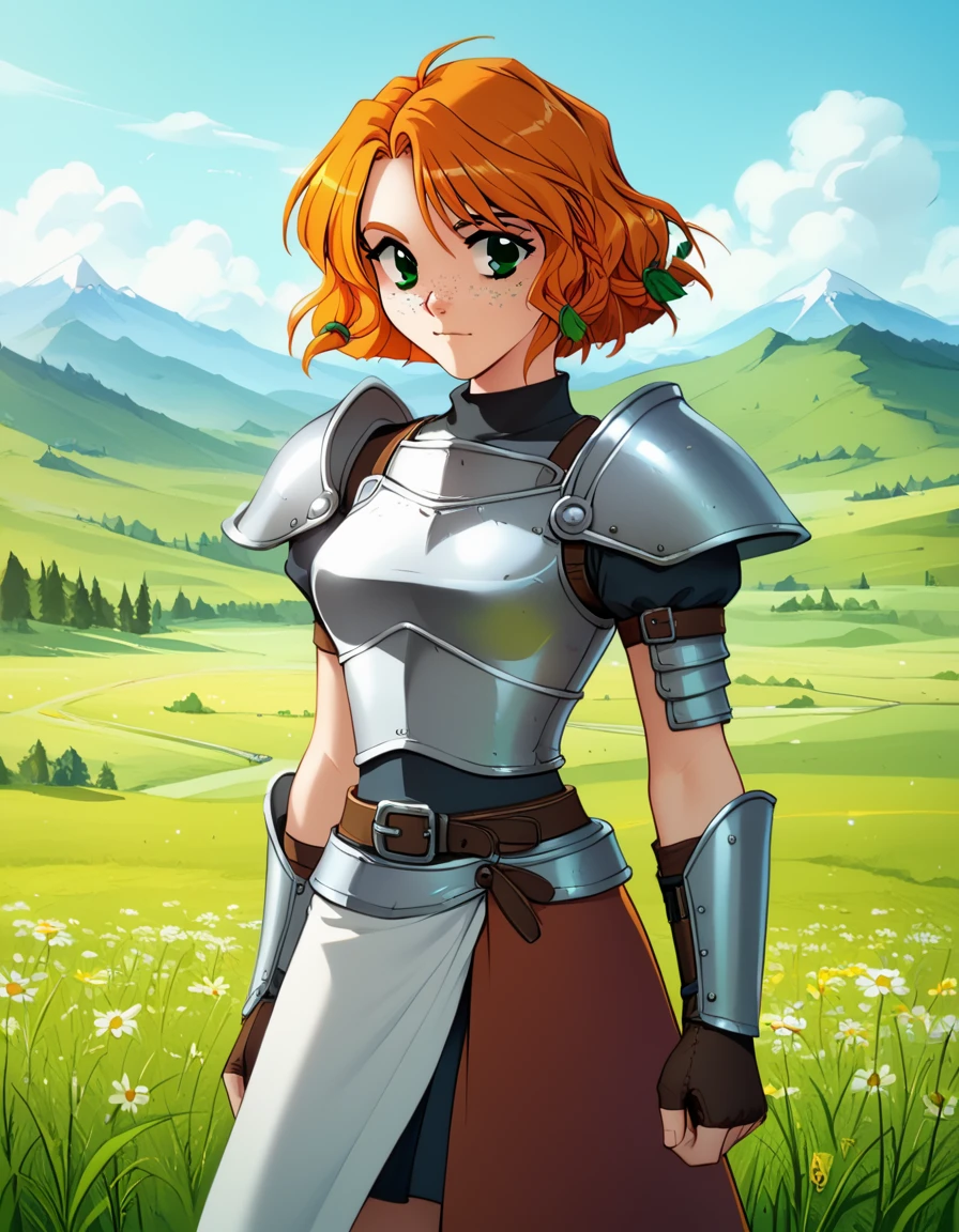 score_9, score_8_up, score_7_up, (aya kadoi), adult woman, 1girl, armor, skirt, freckles, orange hair, medium hair, green eyes, field, mountains, <lora:1_xl_aya_kadoi_25e:1.1>