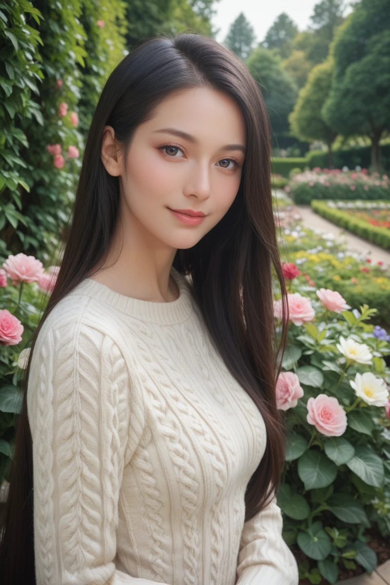 score_9,score_8_up,score_7_up,
masterpiece, 20 years old, 8k, hd, beautiful girl, black hair, very long hair, straight hair, light smile,
1girl, detailed face, beautiful woman's face, sweater, garden, full of flowers, looking at viewer, upper body, half body,