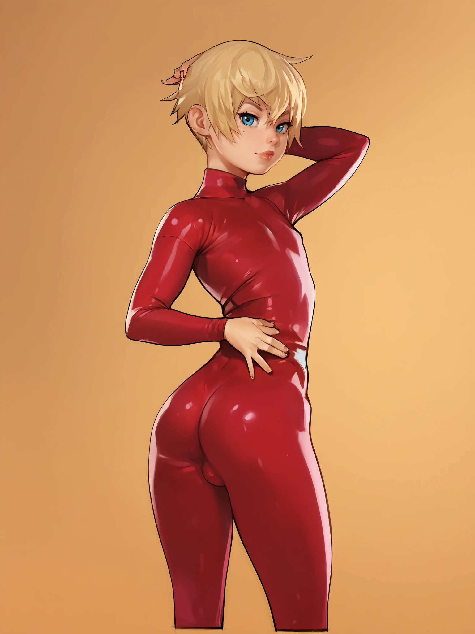 score 9 up, score 8 up, score 7 up, highres, absurdres,
 <lora:Toxxy_Artist_Style_PonyXL:1> 1boy, femboy, flat chest, looking back at viewer, standing, sexy pose,