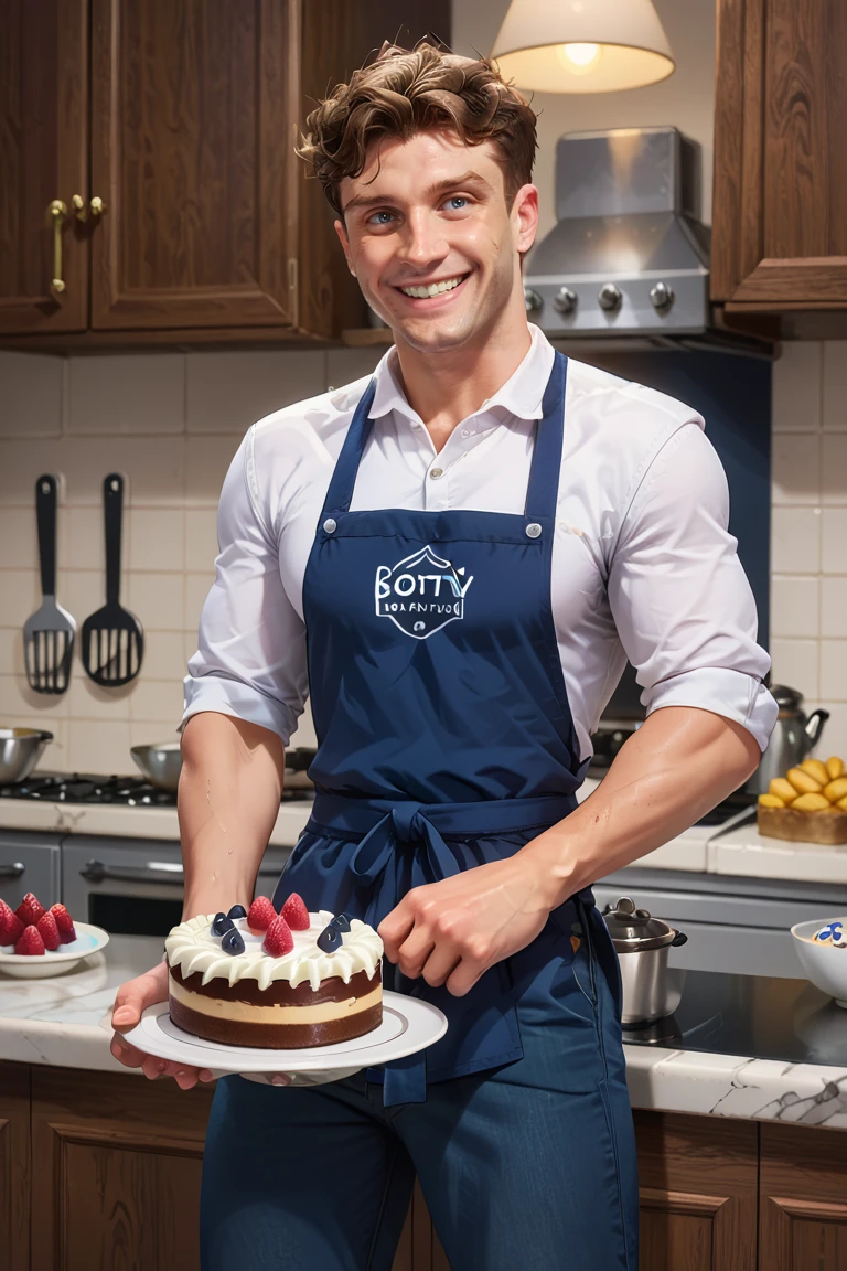 score_9, score_8, score_7, male,smiling,1boy, apron, pants, serving cake at kitchen,Bobby_Finke<lora:EMS-442357-EMS:1.000000>