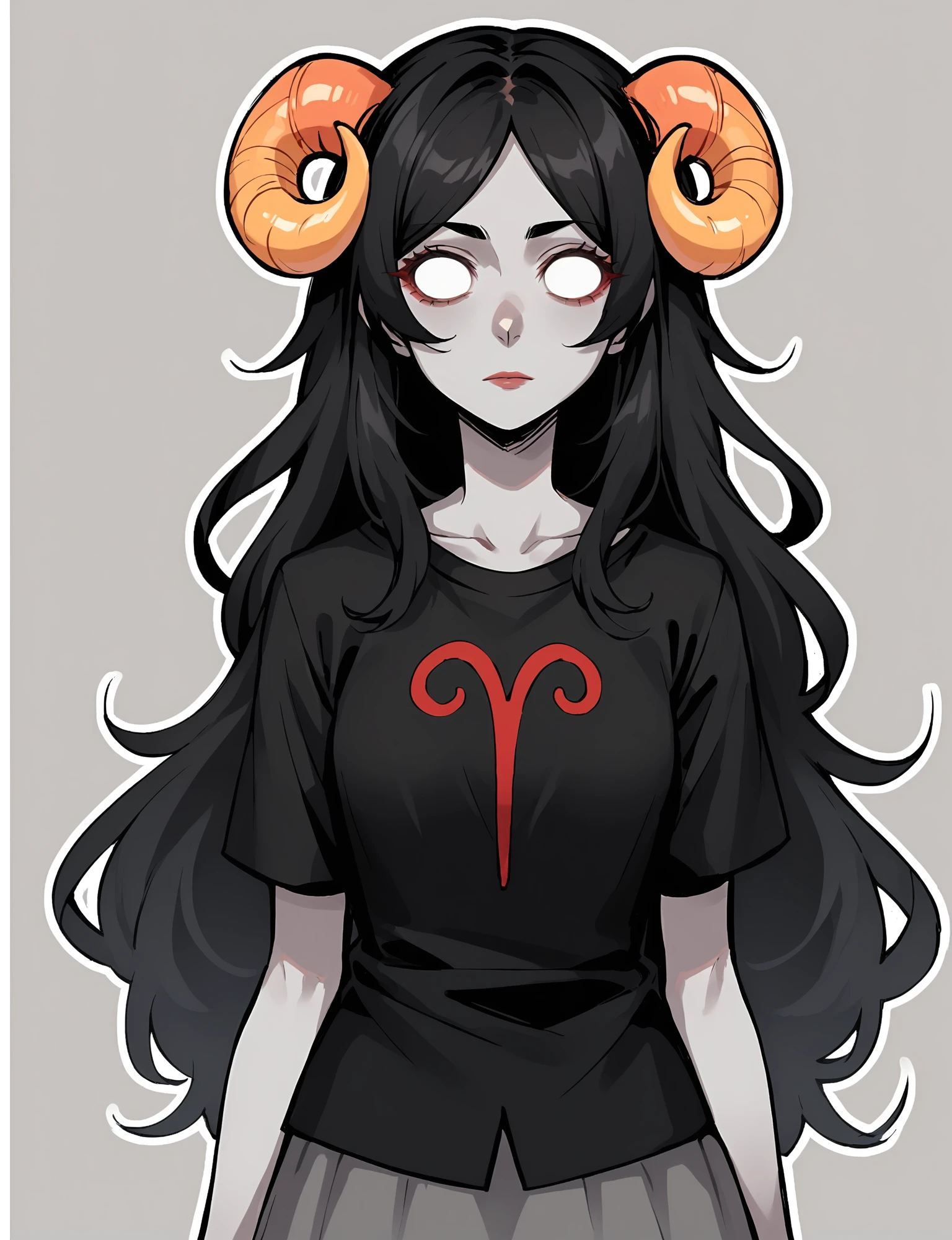 score_9, score_8_up, score_7_up, score_6_up, score_5_up, score_4_up, 2d, anime, anime artstyle, simple shadows, flat coloring, flat shadows, thick lines, white outline, <lora:Aradia_Megido_Homestuck_-_Starter_outfit_Deadalive_versions:0.8>, aradiastart, grey skin, 1girl, solo, long hair, black hair, dress, very long hair, horns, black shirt, colored skin, transparent background, white eyes, grey skin, no pupils, sheep horns, pointing at viewer BREAK source_anime